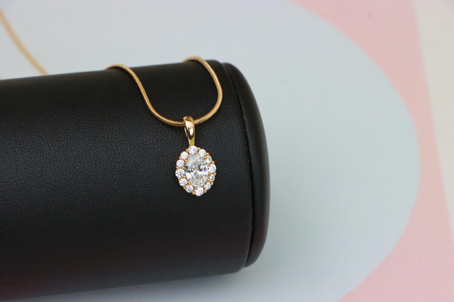 Oval White Pendant with Halo Design in Gold-Plated Brass Setting, XPPT1812 (2153-4)