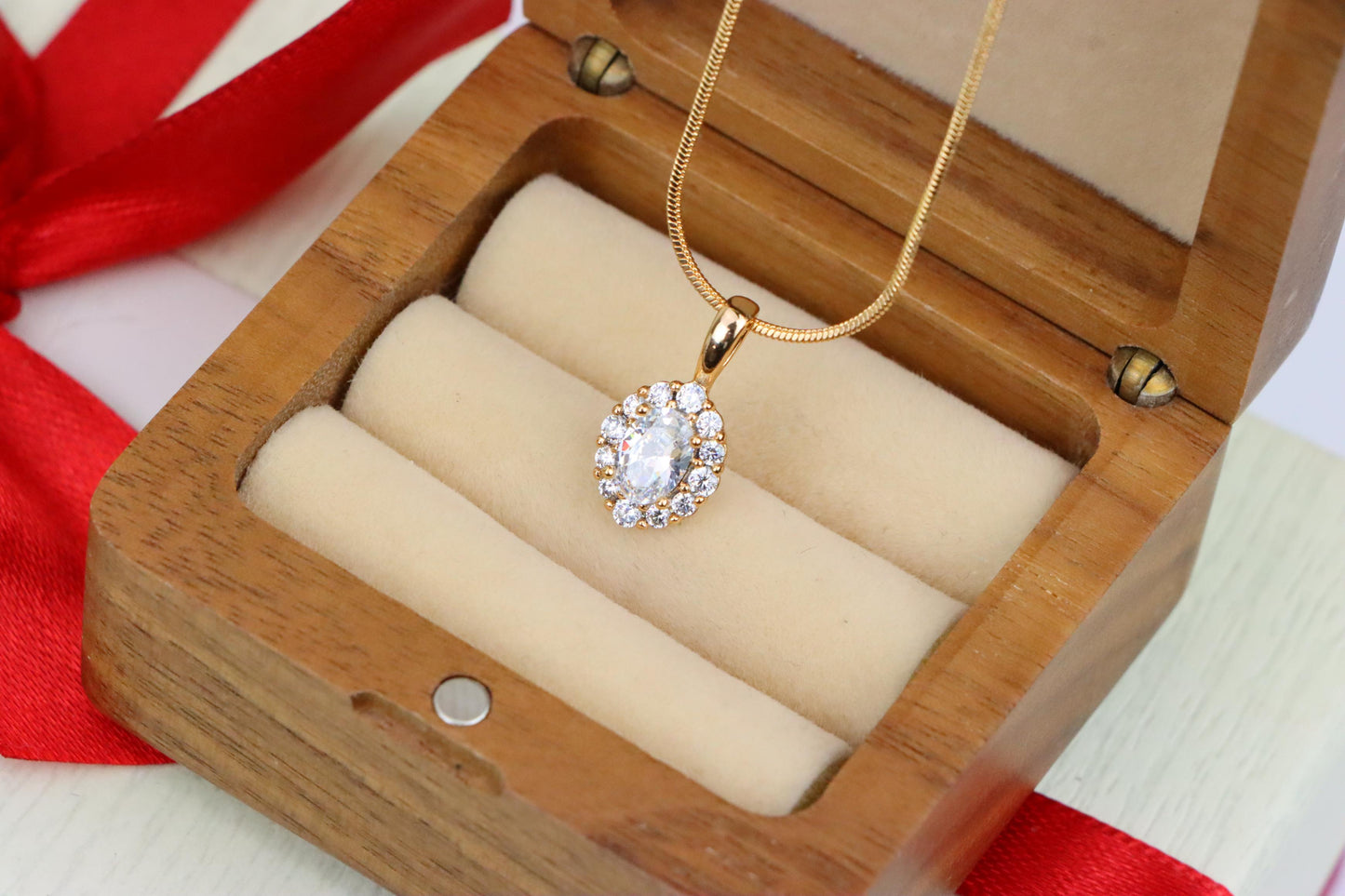 Oval White Pendant with Halo Design in Gold-Plated Brass Setting, XPPT1812 (2153-4)