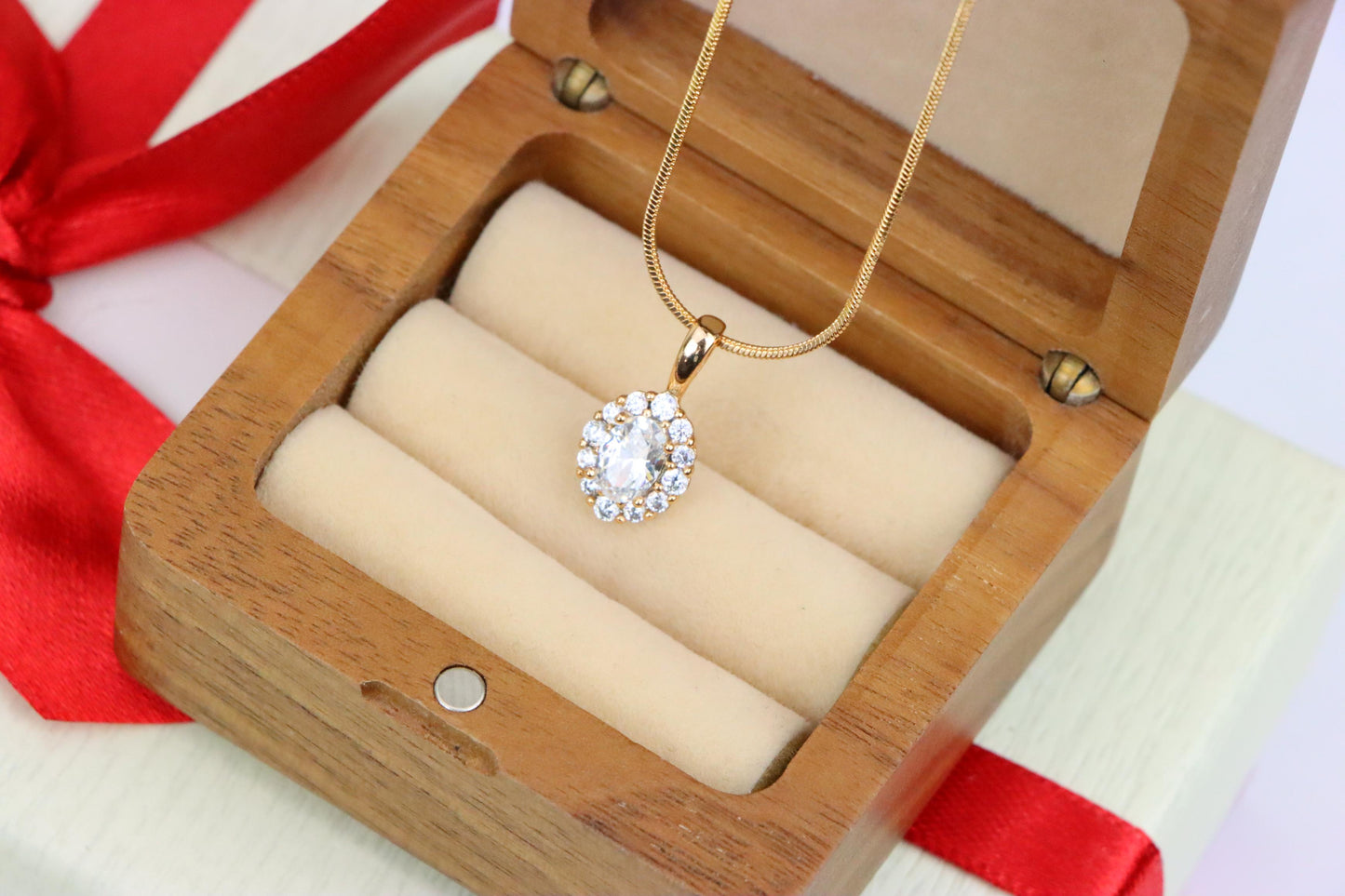 Oval White Pendant with Halo Design in Gold-Plated Brass Setting, XPPT1812 (2153-4)