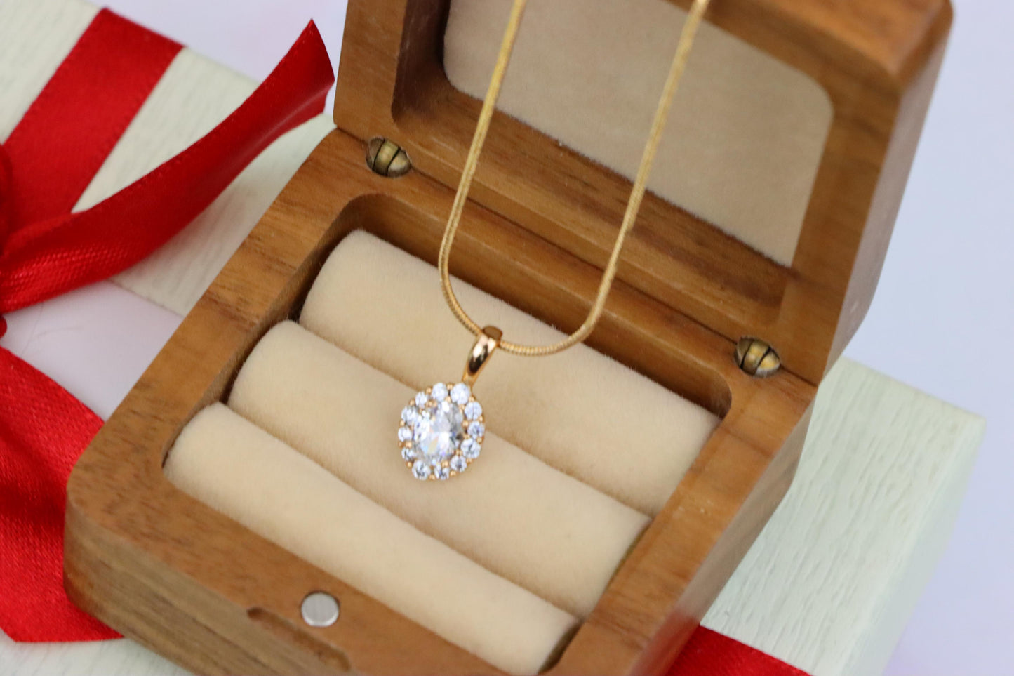 Oval White Pendant with Halo Design in Gold-Plated Brass Setting, XPPT1812 (2153-4)
