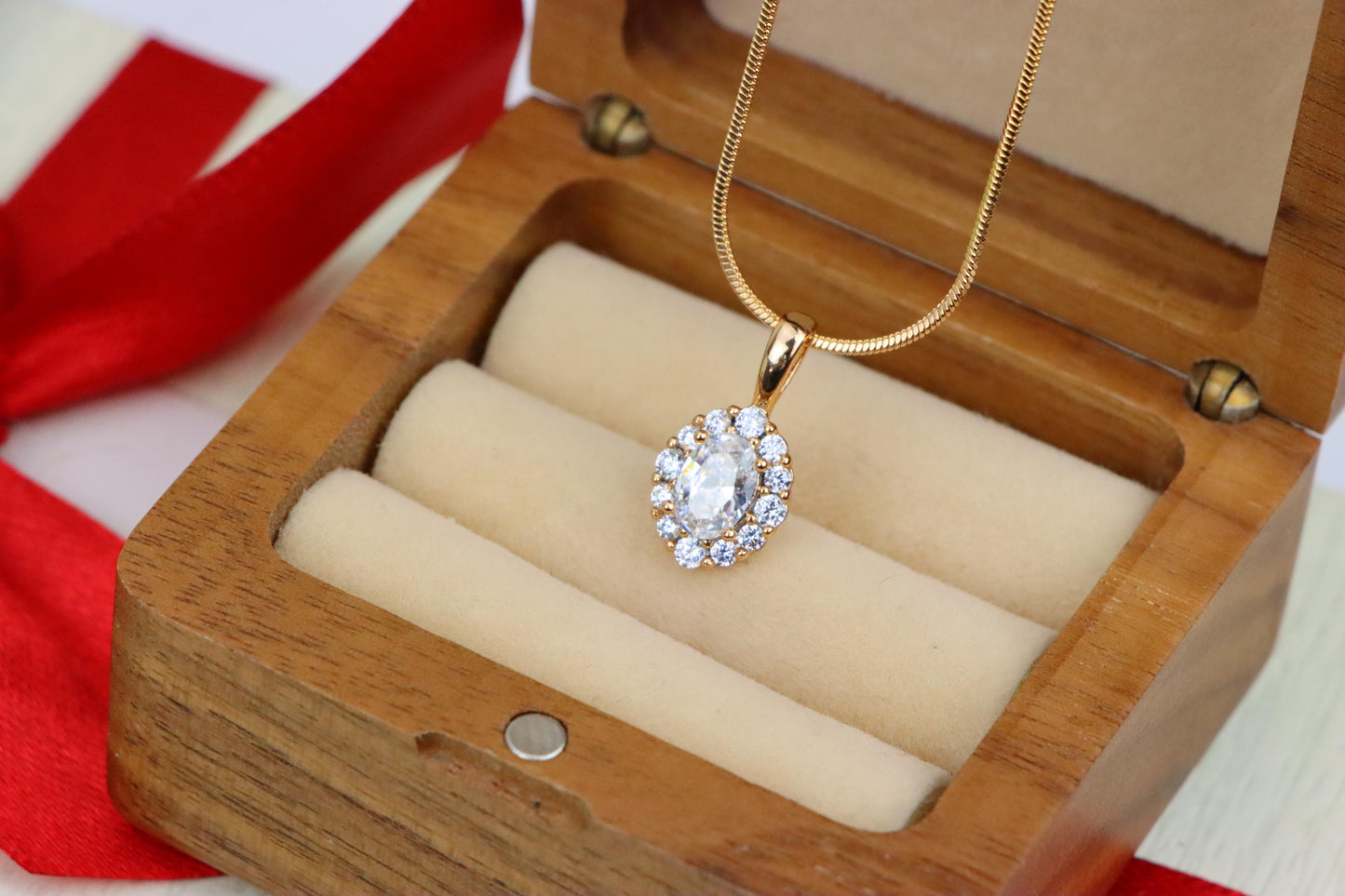 Oval White Pendant with Halo Design in Gold-Plated Brass Setting, XPPT1812 (2153-4)