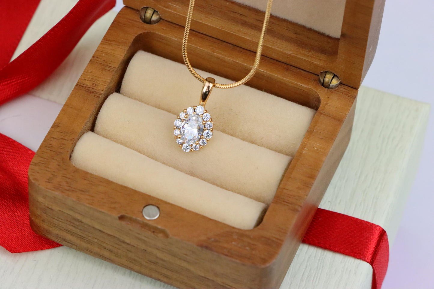 Oval White Pendant with Halo Design in Gold-Plated Brass Setting, XPPT1812 (2153-4)