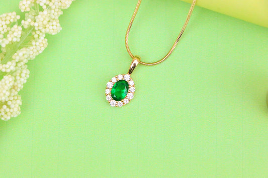 Emerald Green Oval Pendant with Halo in Gold-Plated Brass Finish, XPPT1813 (2153-4)
