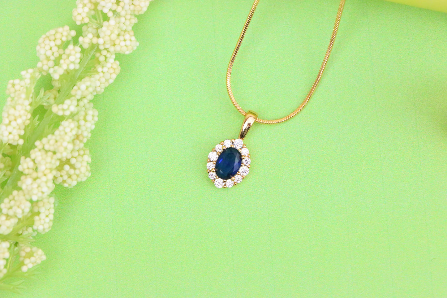 Royal Blue Oval Pendant with Halo in Gold-Plated Brass Setting, XPPT1815 (2153-4)