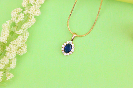 Royal Blue Oval Pendant with Halo in Gold-Plated Brass Setting, XPPT1815 (2153-4)