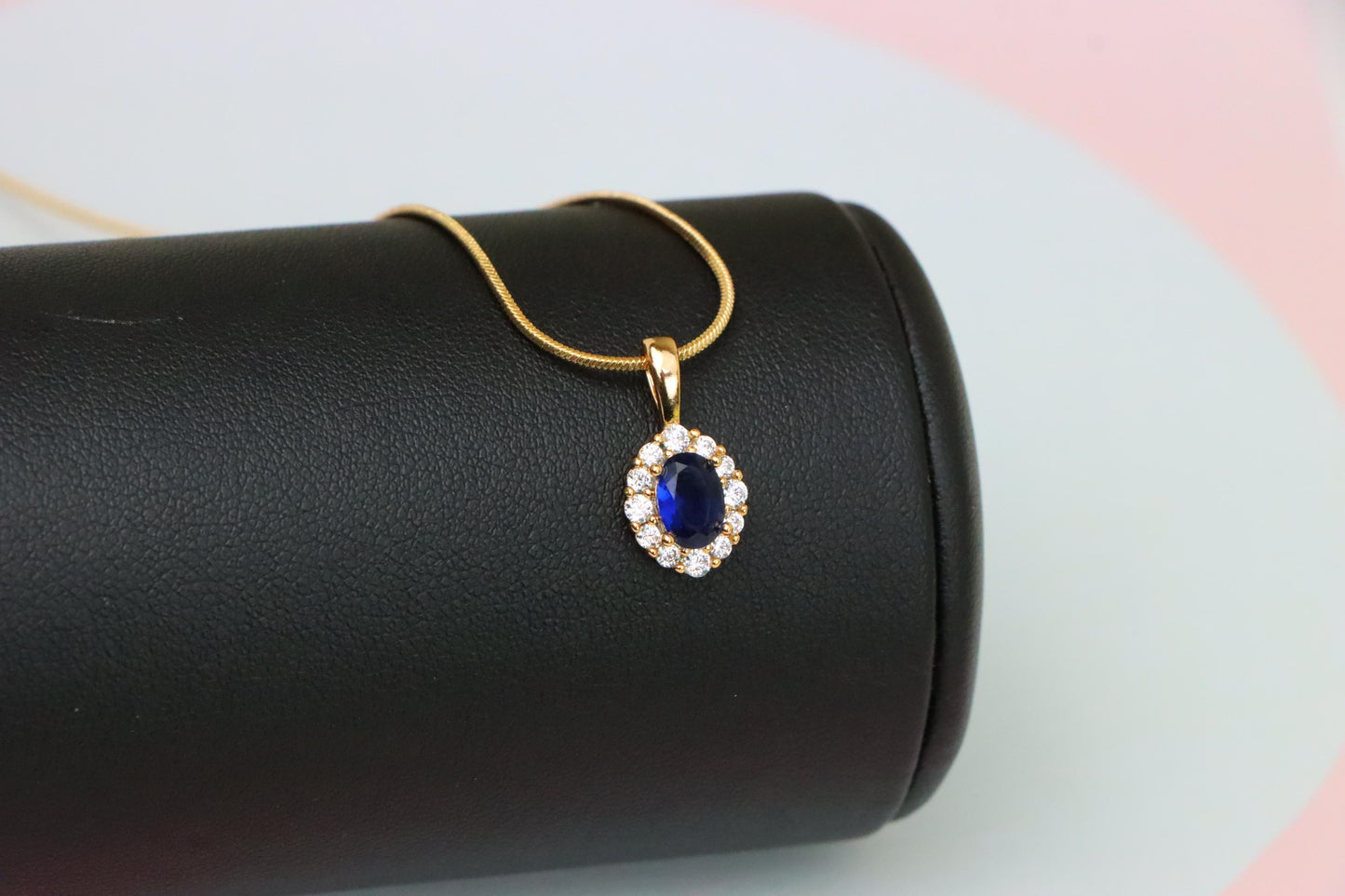 Royal Blue Oval Pendant with Halo in Gold-Plated Brass Setting, XPPT1815 (2153-4)