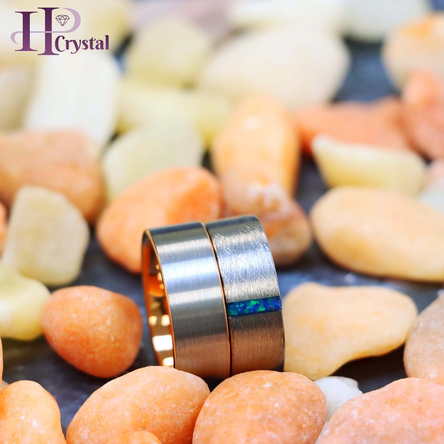 Ice Finish Center with Synthetic Lime Green Opal Bar Inlay Tungsten Ring Pipe-Cut Rose Gold IP Plated Inside & White Plated Brushed Center Tungsten Ring