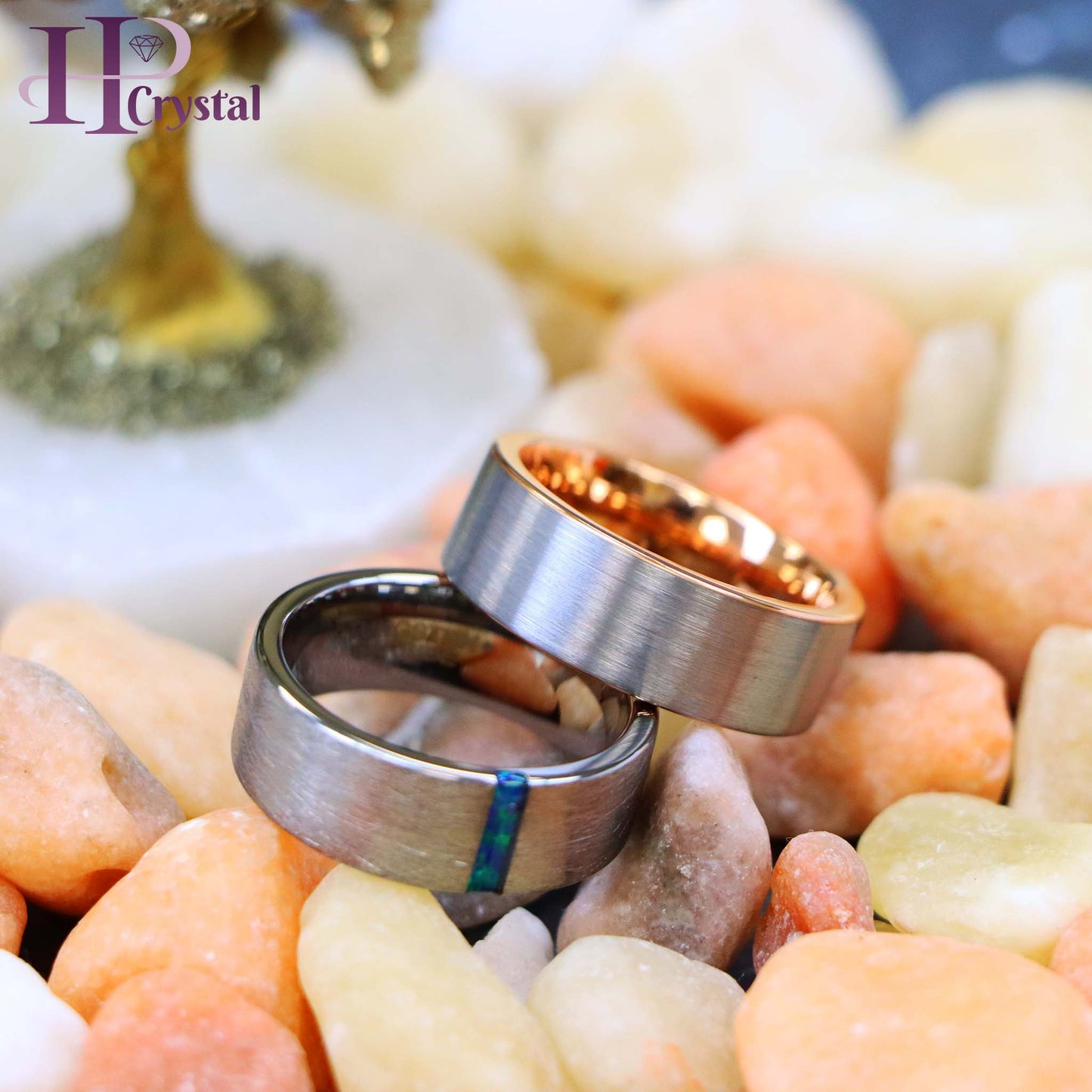 Ice Finish Center with Synthetic Lime Green Opal Bar Inlay Tungsten Ring Pipe-Cut Rose Gold IP Plated Inside & White Plated Brushed Center Tungsten Ring