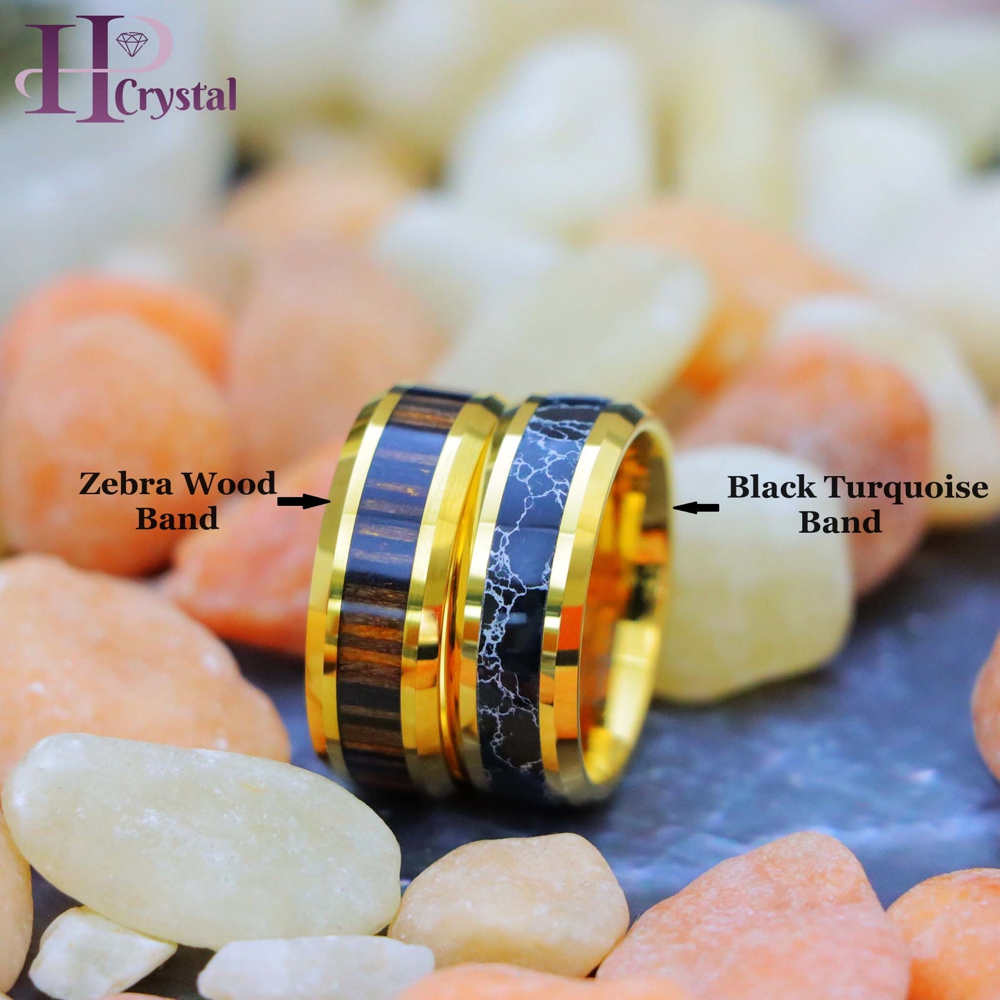 Yellow Gold IP with Synthetic Black Turquoise Inlay/Zebra Wood Inlay Beveled Edge Tungsten Ring