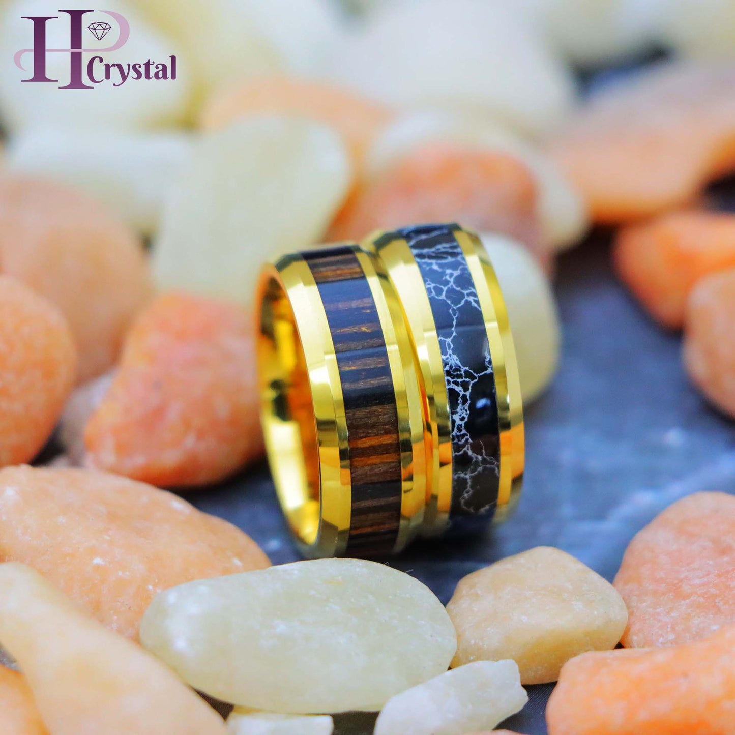 Yellow Gold IP with Synthetic Black Turquoise Inlay/Zebra Wood Inlay Beveled Edge Tungsten Ring