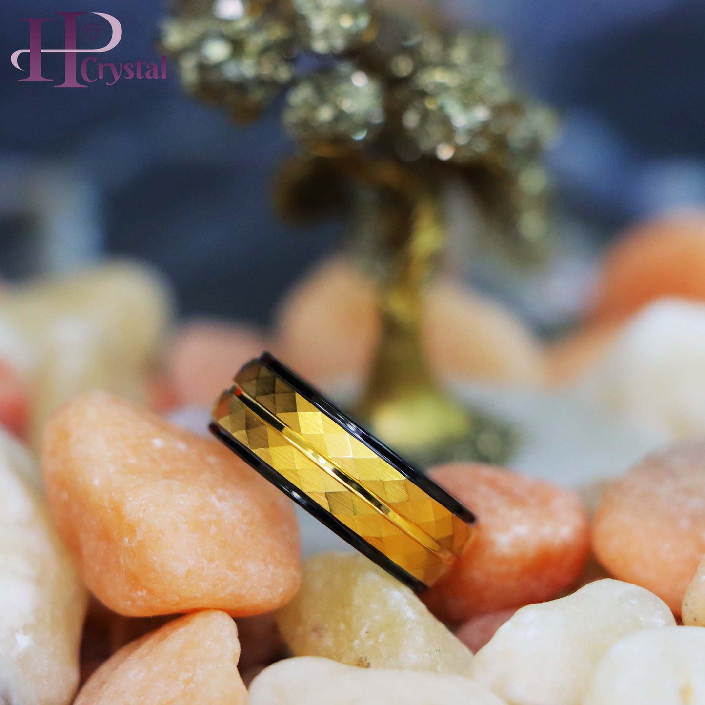 Two-Tone Black IP Inside & Yellow Gold IP Hammered Finish Tungsten Ring