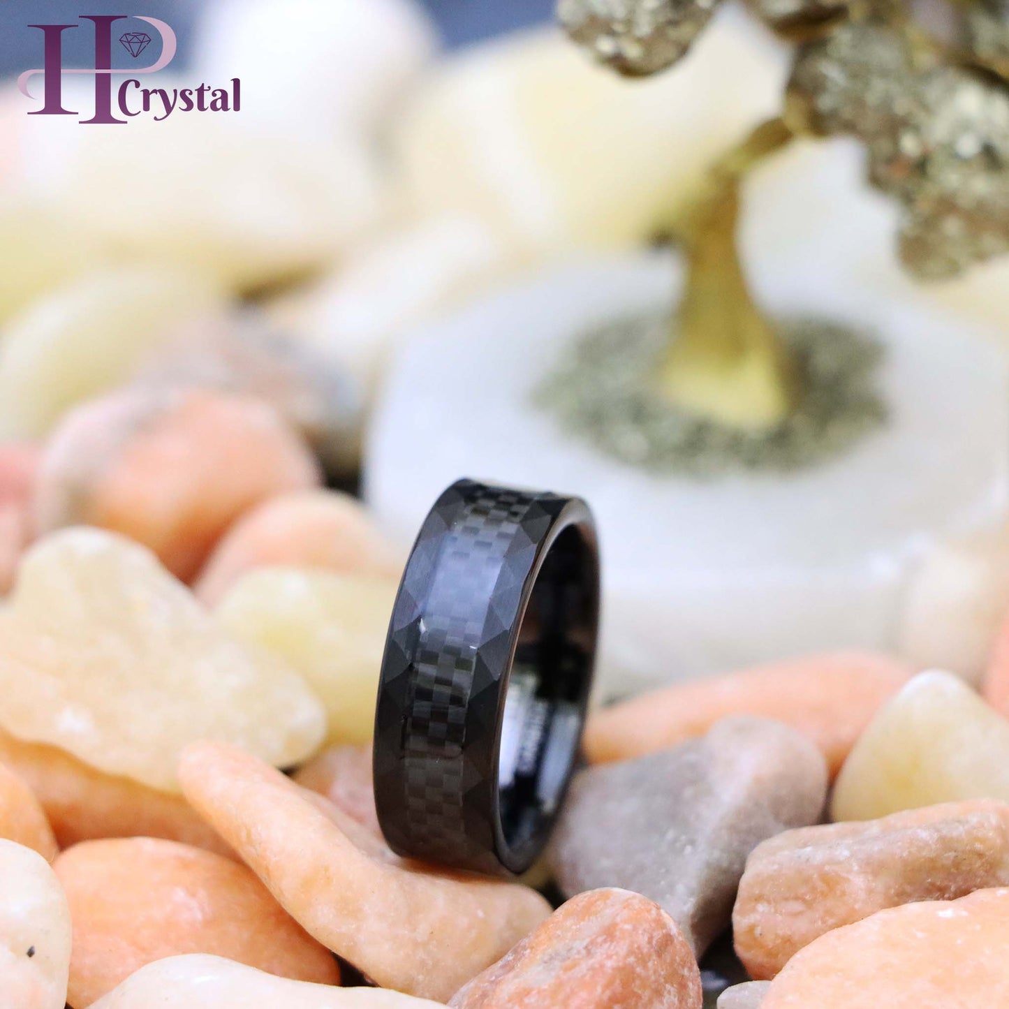 Carbon Fiber Center Faceted Sides Tungsten Ring