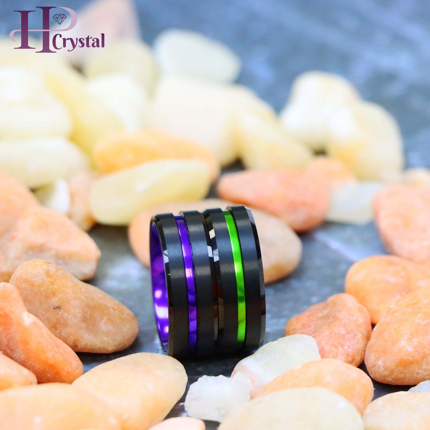 Black Plated Grooved Center with PURPLE/GREEN Anodized Aluminum Sleeve Tungsten Ring