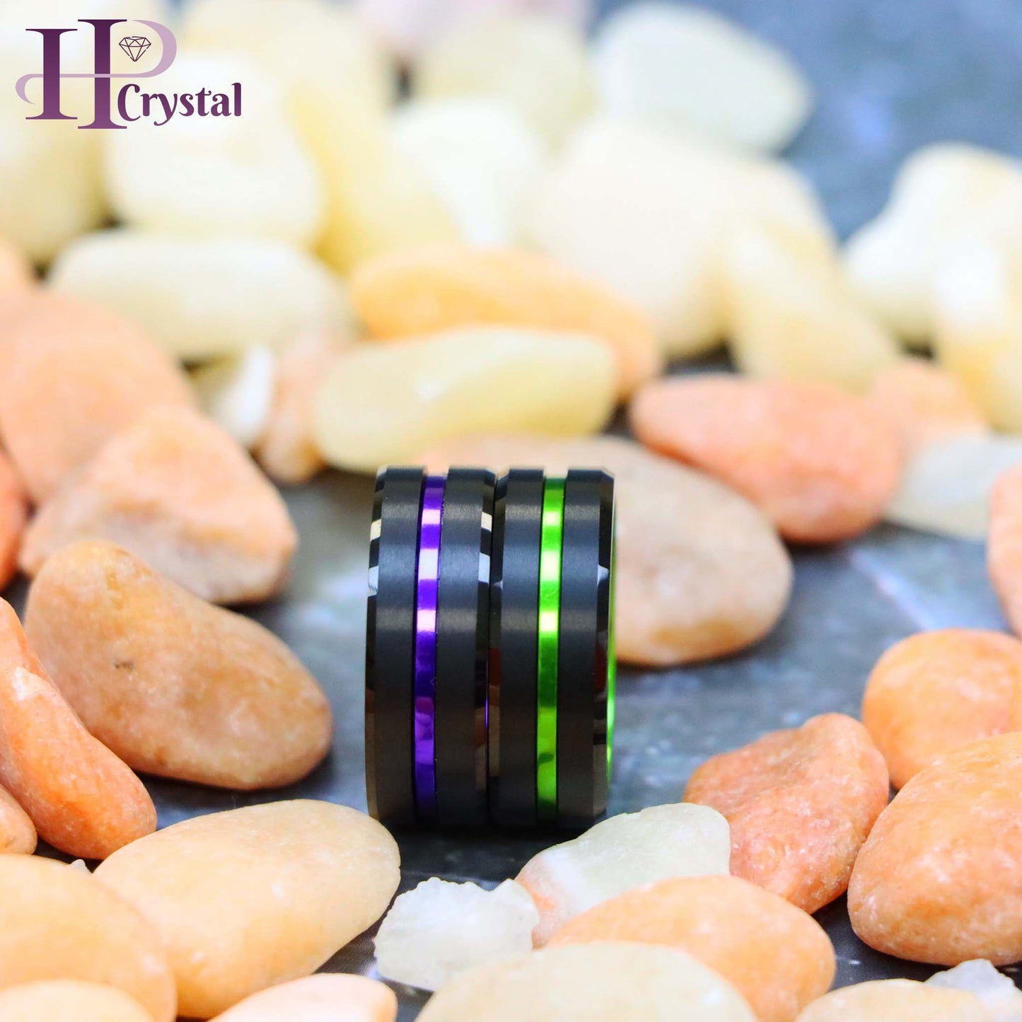 Black Plated Grooved Center with PURPLE/GREEN Anodized Aluminum Sleeve Tungsten Ring