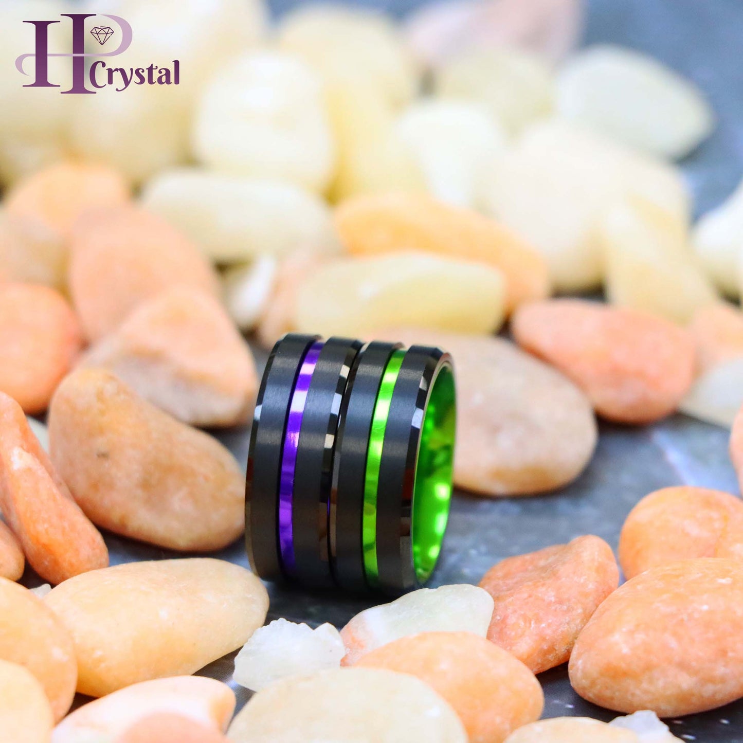 Black Plated Grooved Center with PURPLE/GREEN Anodized Aluminum Sleeve Tungsten Ring