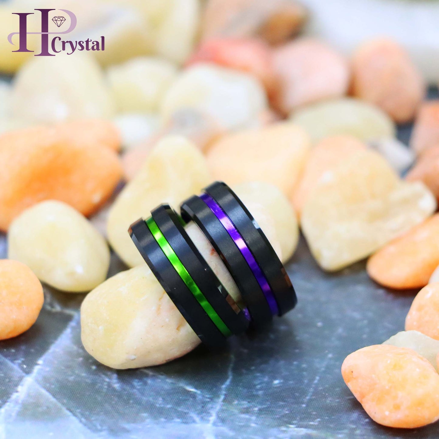 Black Plated Grooved Center with PURPLE/GREEN Anodized Aluminum Sleeve Tungsten Ring