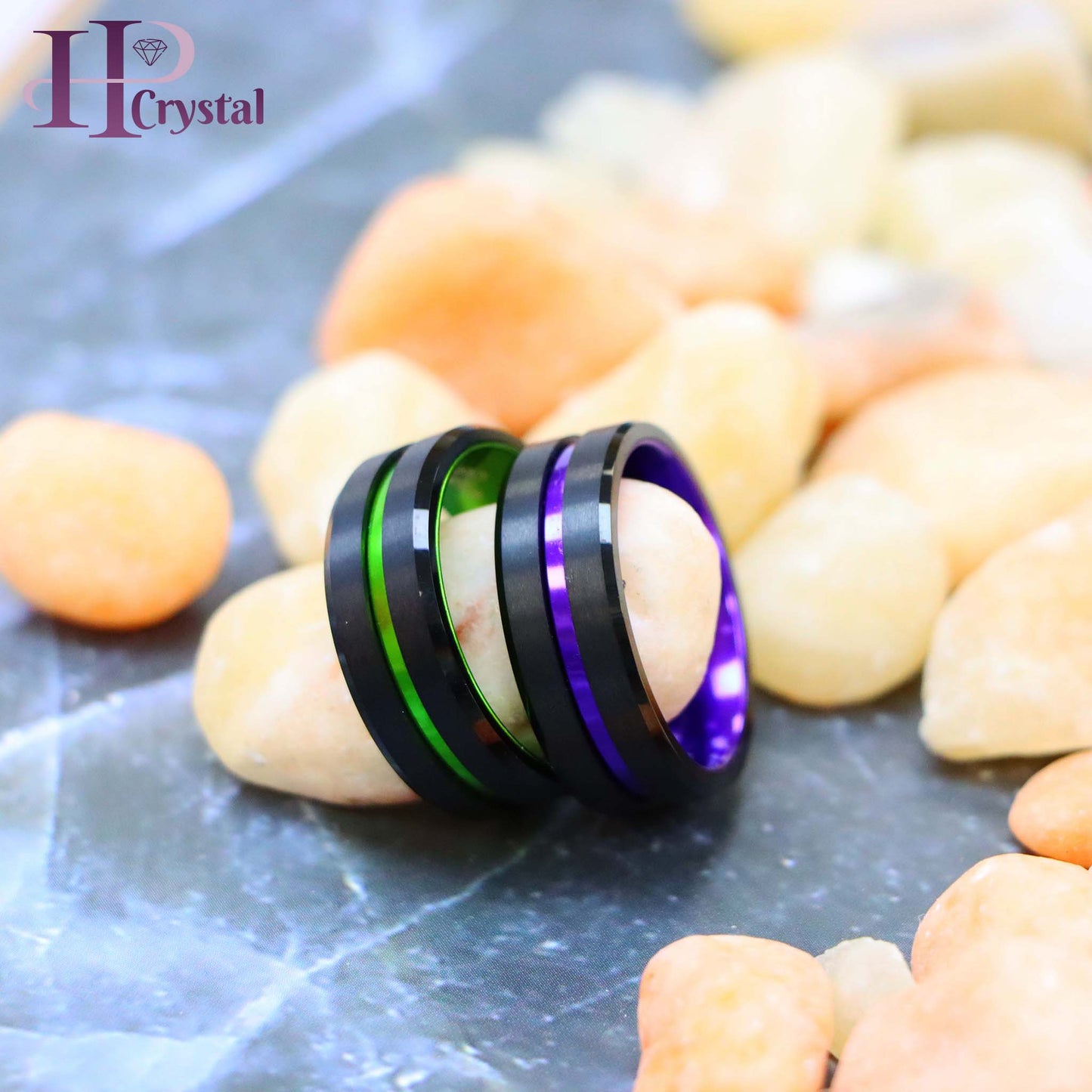 Black Plated Grooved Center with PURPLE/GREEN Anodized Aluminum Sleeve Tungsten Ring