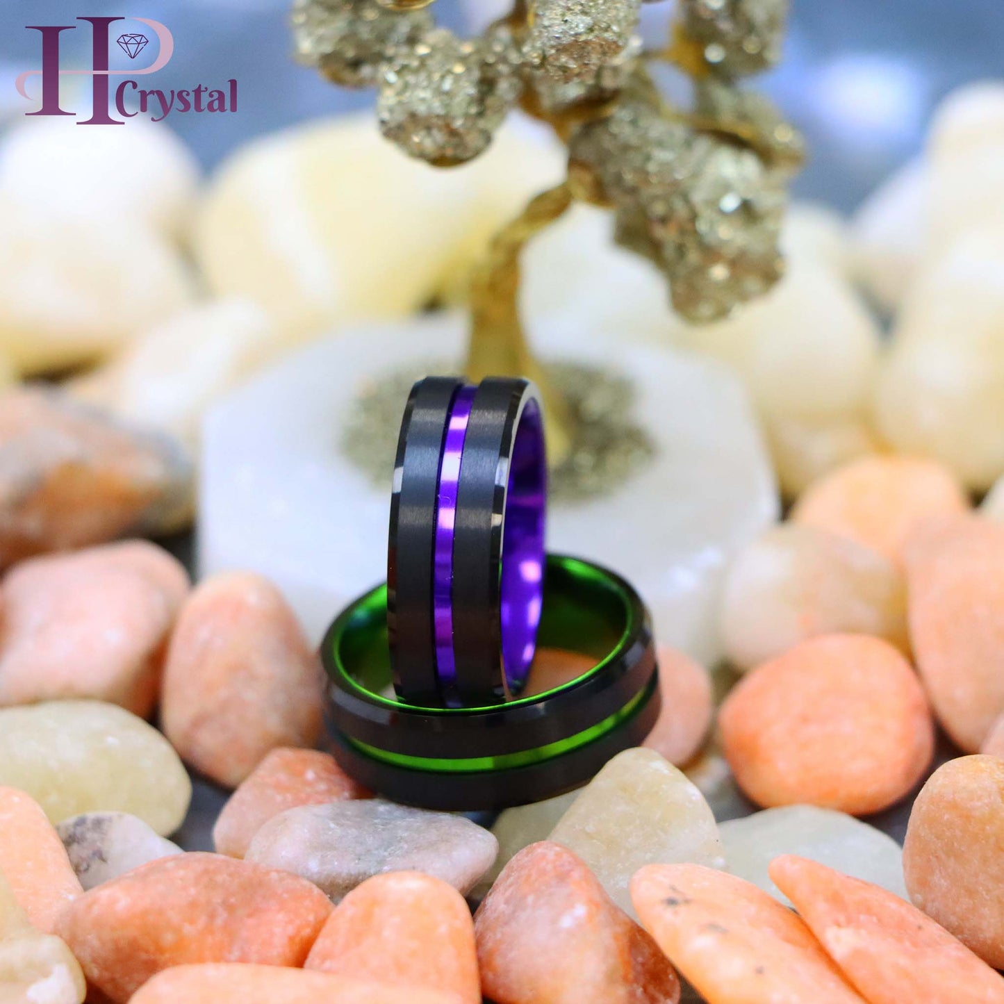 Black Plated Grooved Center with PURPLE/GREEN Anodized Aluminum Sleeve Tungsten Ring