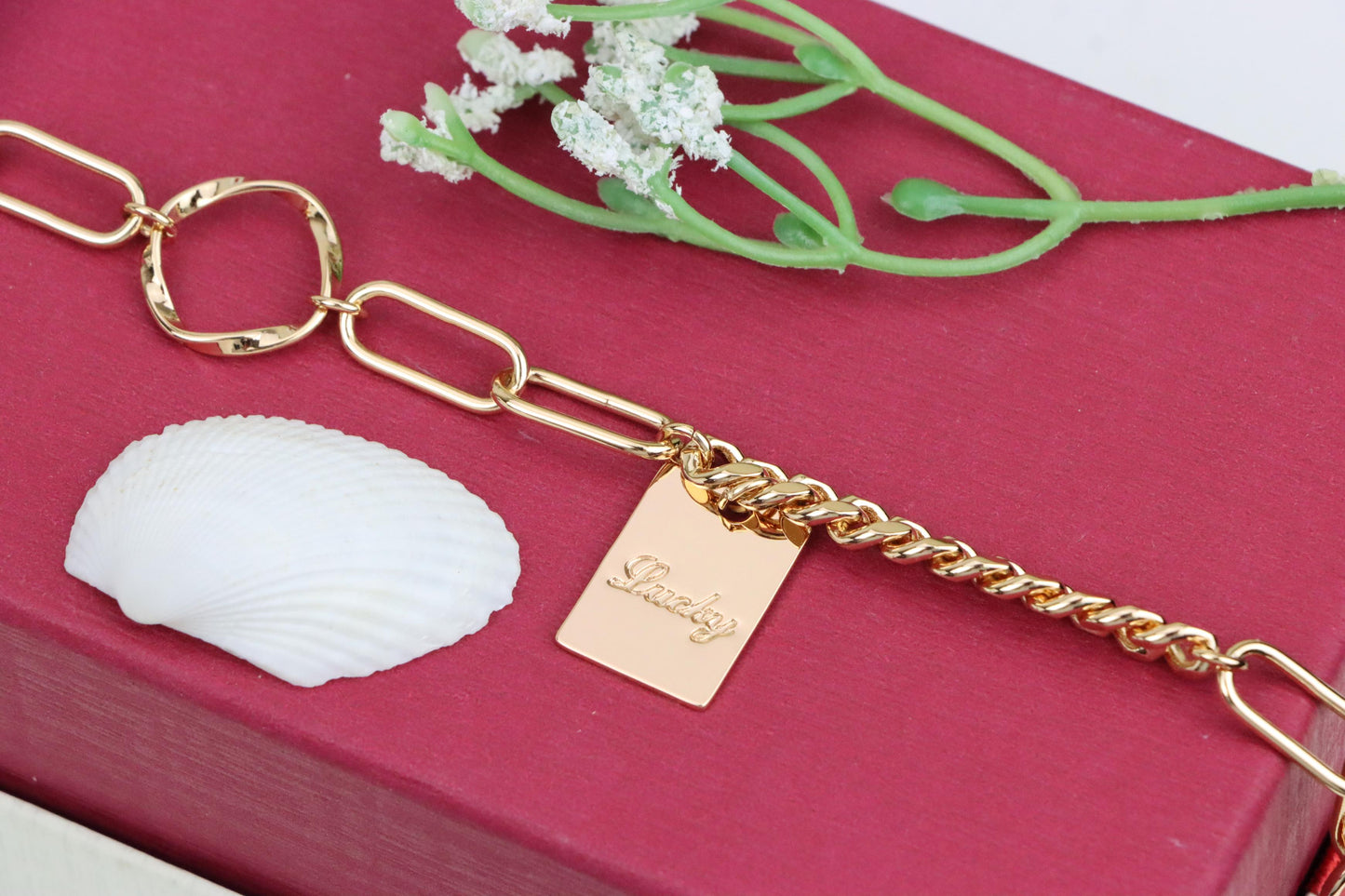Chunky Rose Gold Bracelet with Paperclip and Square Tag Charm, XPBL1078 (2108-7)