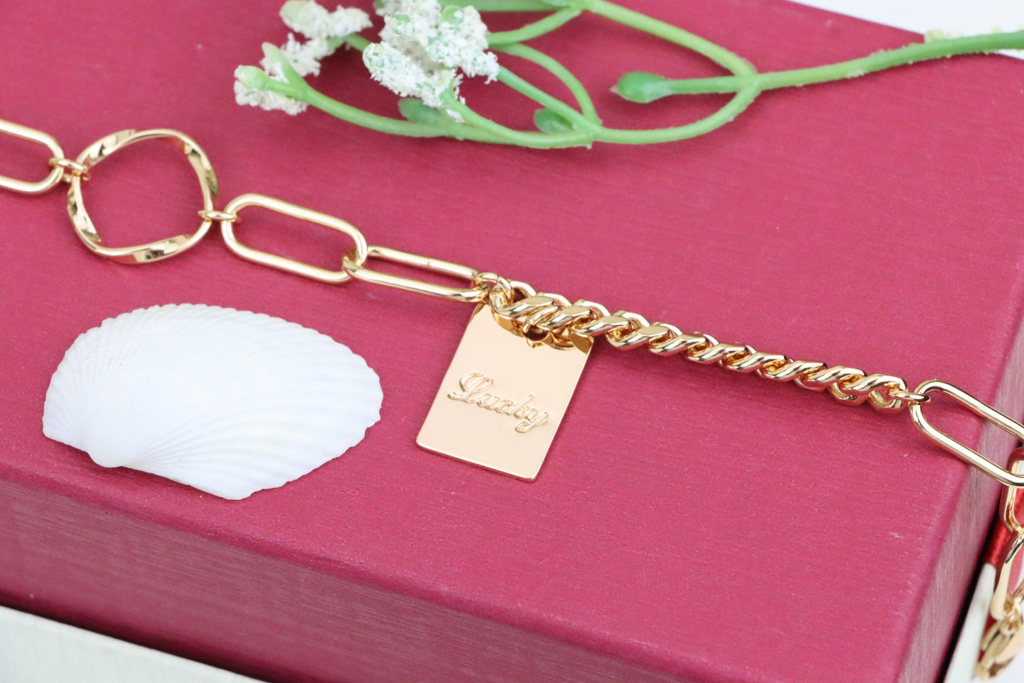 Chunky Rose Gold Bracelet with Paperclip and Square Tag Charm, XPBL1078 (2108-7)