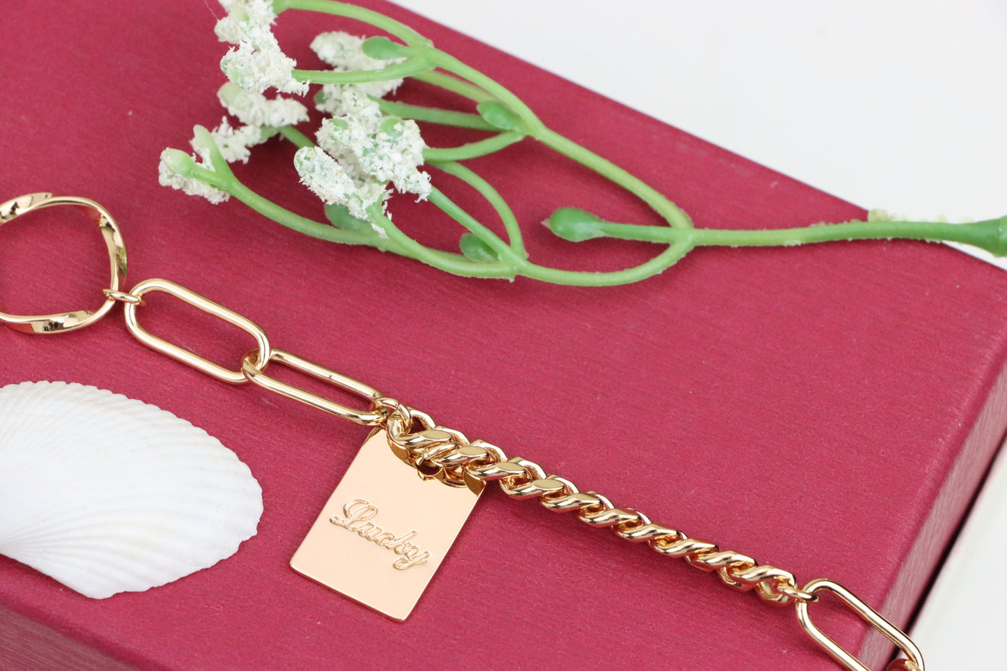 Chunky Rose Gold Bracelet with Paperclip and Square Tag Charm, XPBL1078 (2108-7)