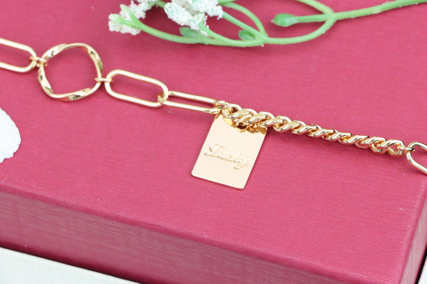 Chunky Rose Gold Bracelet with Paperclip and Square Tag Charm, XPBL1078 (2108-7)