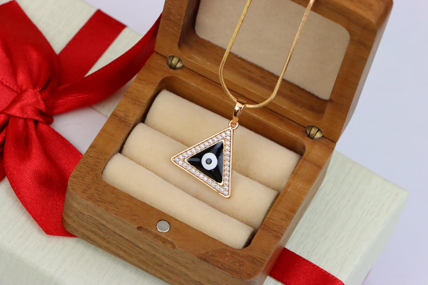 Triangle Evil Eye Pendant in Rose Gold Finish with Crystal Border, XPPT1837 (2155-3)