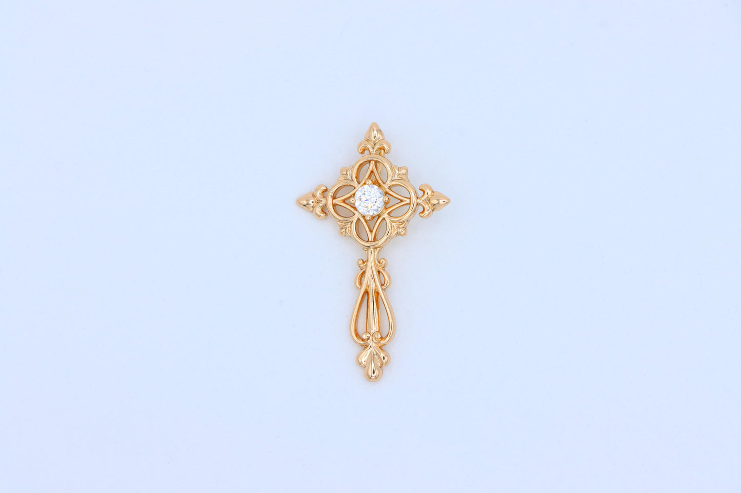Ornate Rose Gold Cross Pendant with Intricate Detailing and CZ Center, XPPT1841 (2155-7)