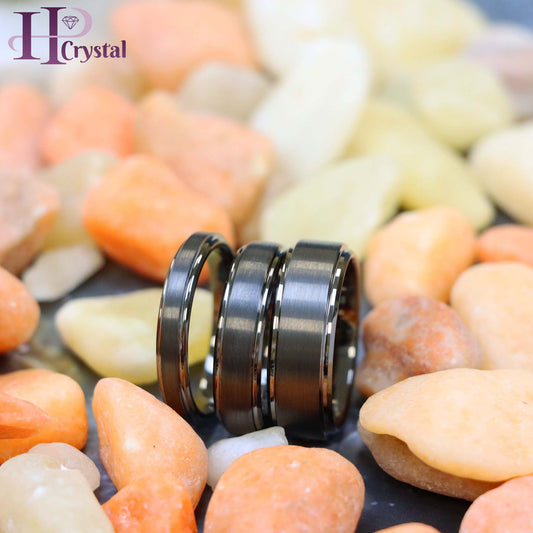 Gun Metal IP Plated Brushed Center High Polish Stepped Edge 8mm/6mm/4mm Tungsten Ring