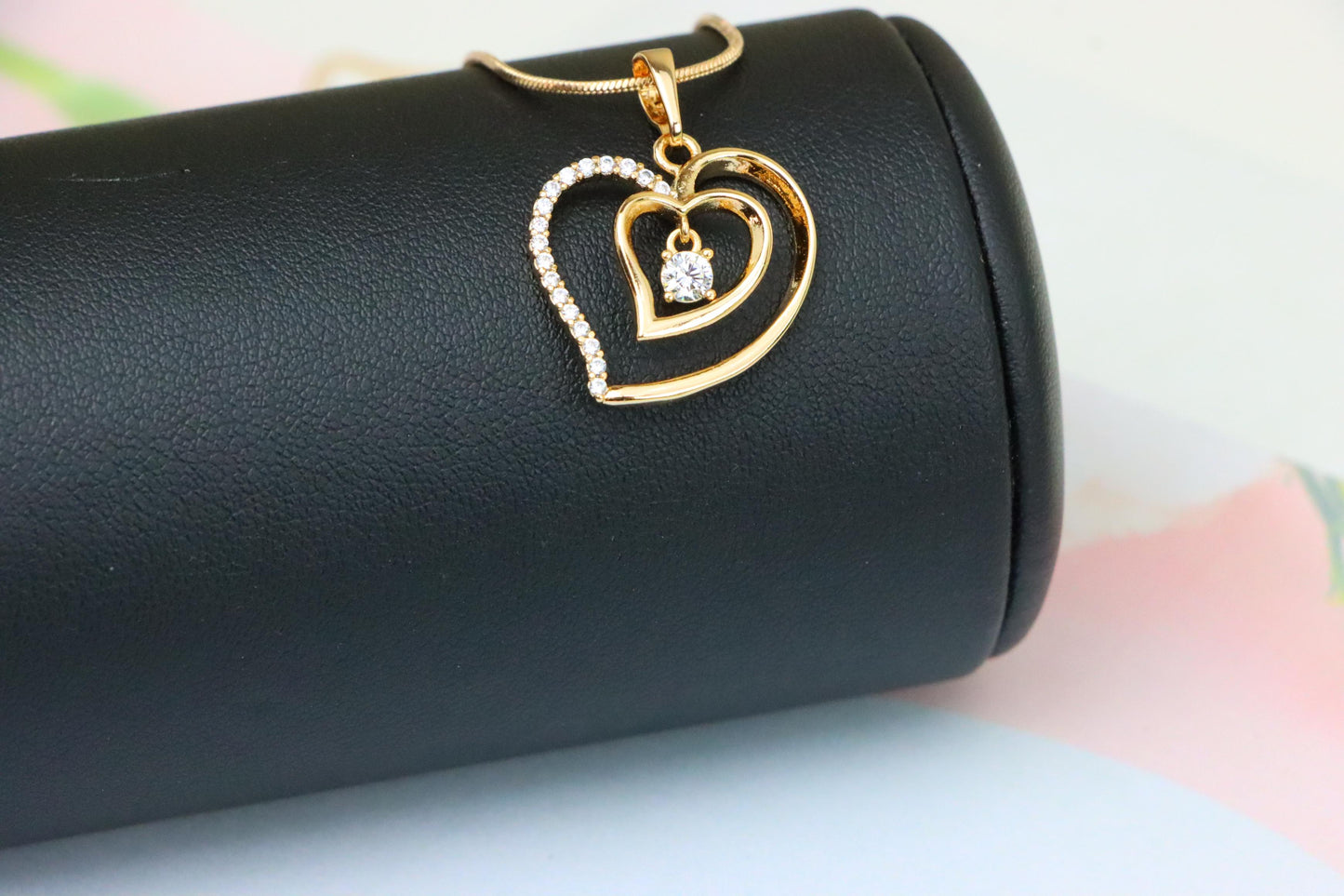 Elegant Rose Gold Double Heart Pendant with Dangling CZ Stone, XPPT1378 (2133-2)
