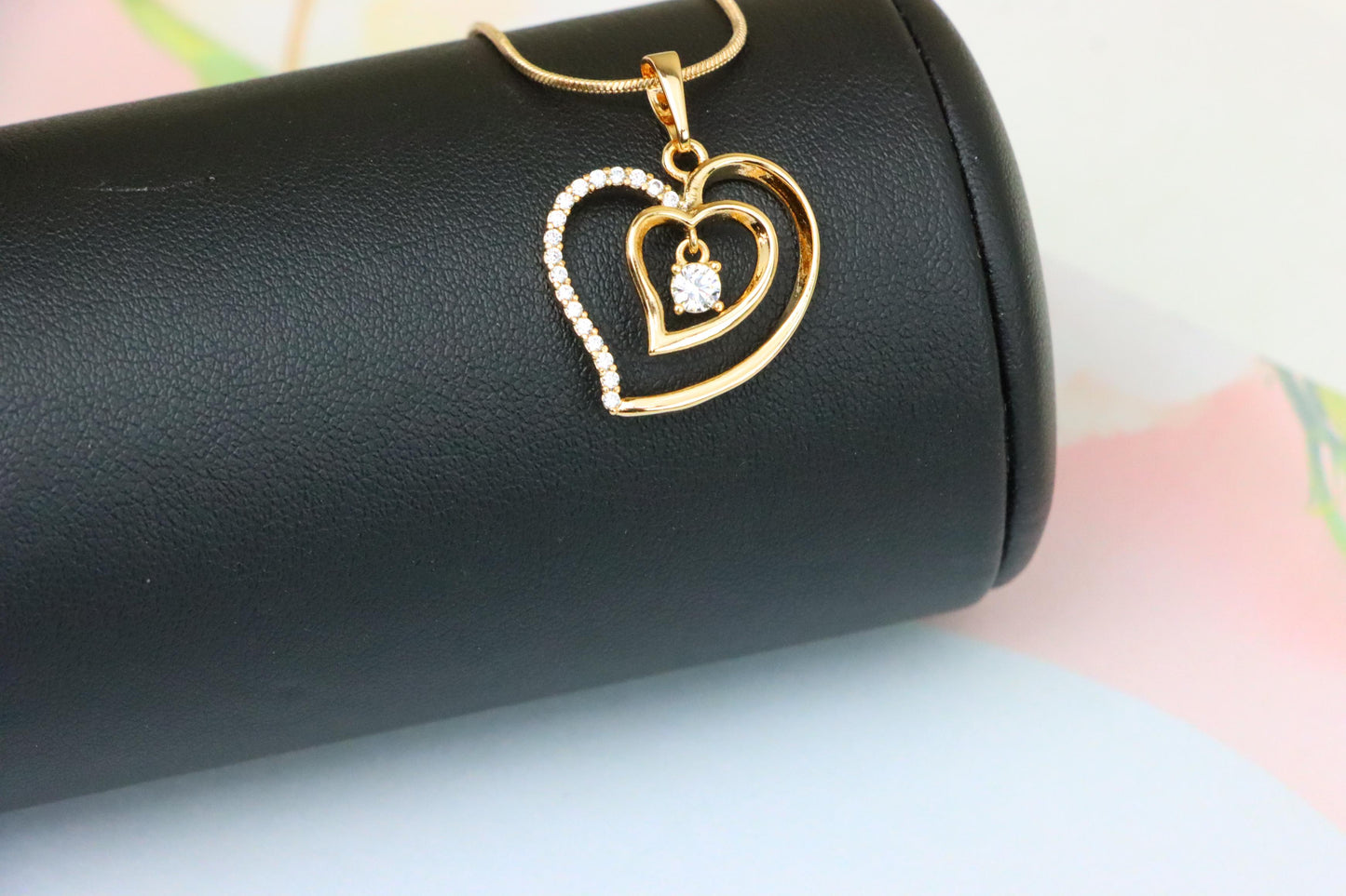 Elegant Rose Gold Double Heart Pendant with Dangling CZ Stone, XPPT1378 (2133-2)