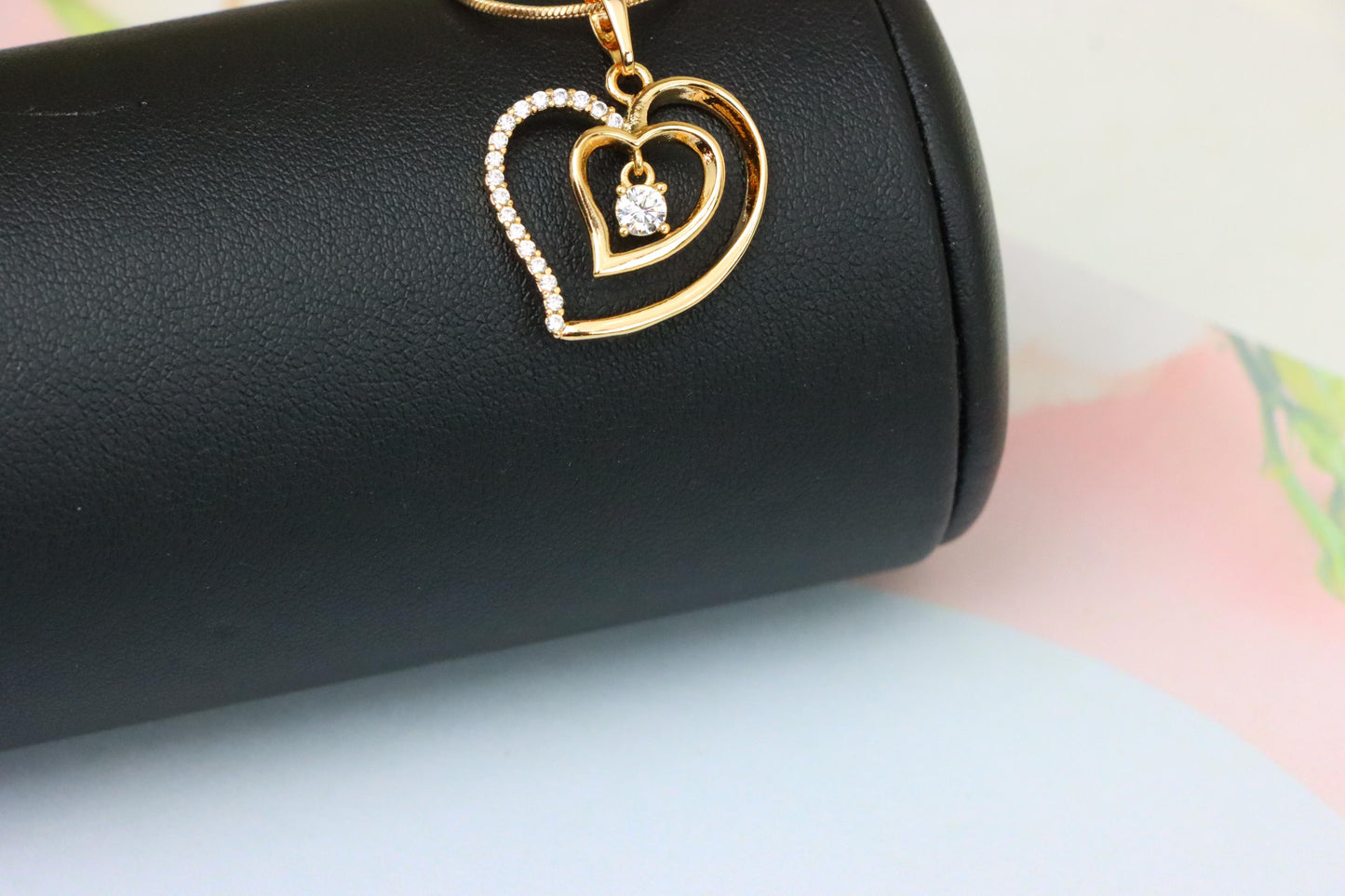 Elegant Rose Gold Double Heart Pendant with Dangling CZ Stone, XPPT1378 (2133-2)