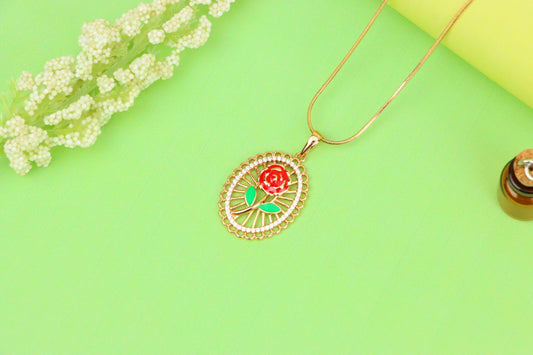 Rose Gold Oval Pendant with Red Rose and Green Leaf Enamel Design, XPPT1379 (2133-3)