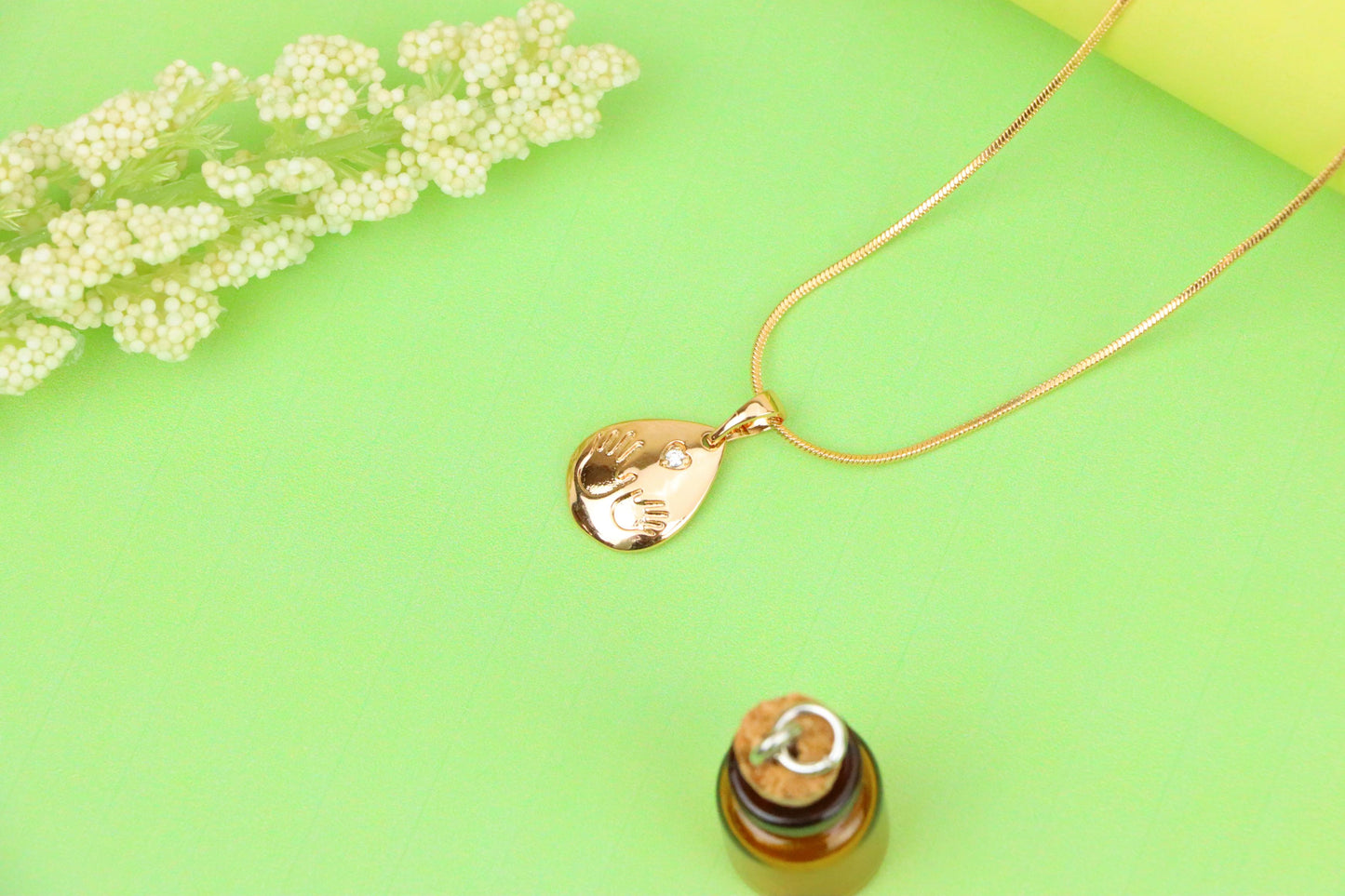 Rose Gold Teardrop Pendant with Hand Imprint &amp; Heart Accent Design, XPPT1382 (2133-6)