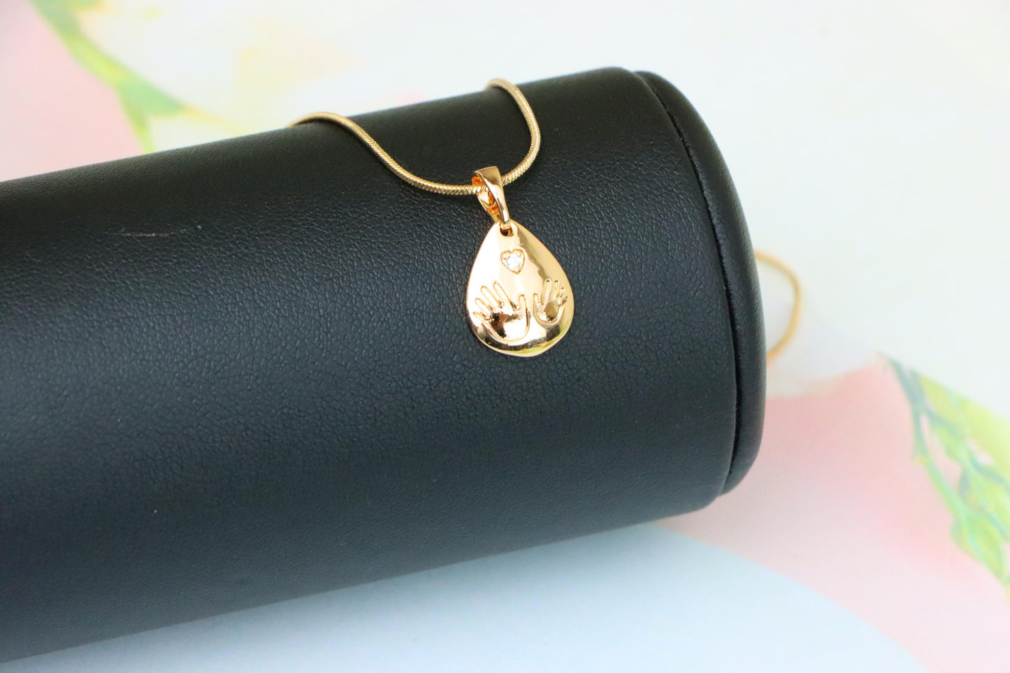 Rose Gold Teardrop Pendant with Hand Imprint &amp; Heart Accent Design, XPPT1382 (2133-6)
