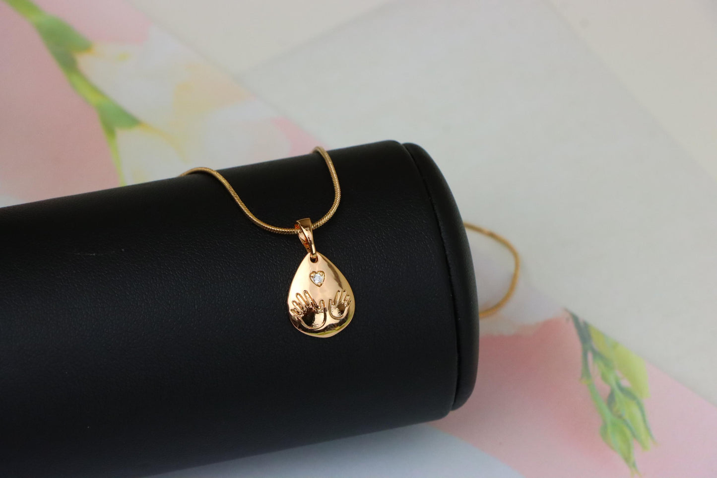Rose Gold Teardrop Pendant with Hand Imprint &amp; Heart Accent Design, XPPT1382 (2133-6)