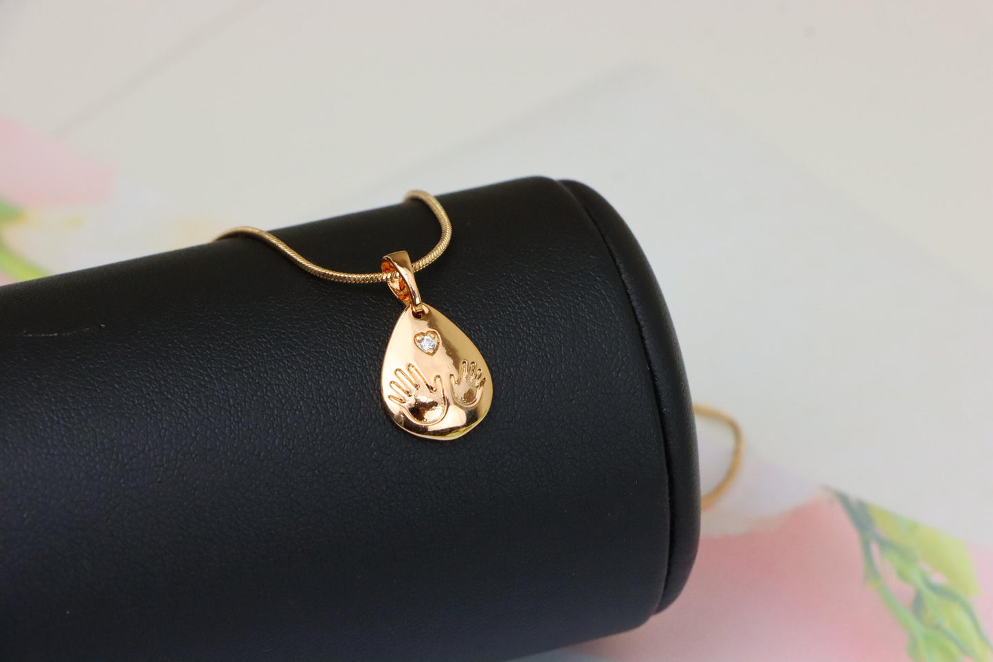 Rose Gold Teardrop Pendant with Hand Imprint &amp; Heart Accent Design, XPPT1382 (2133-6)