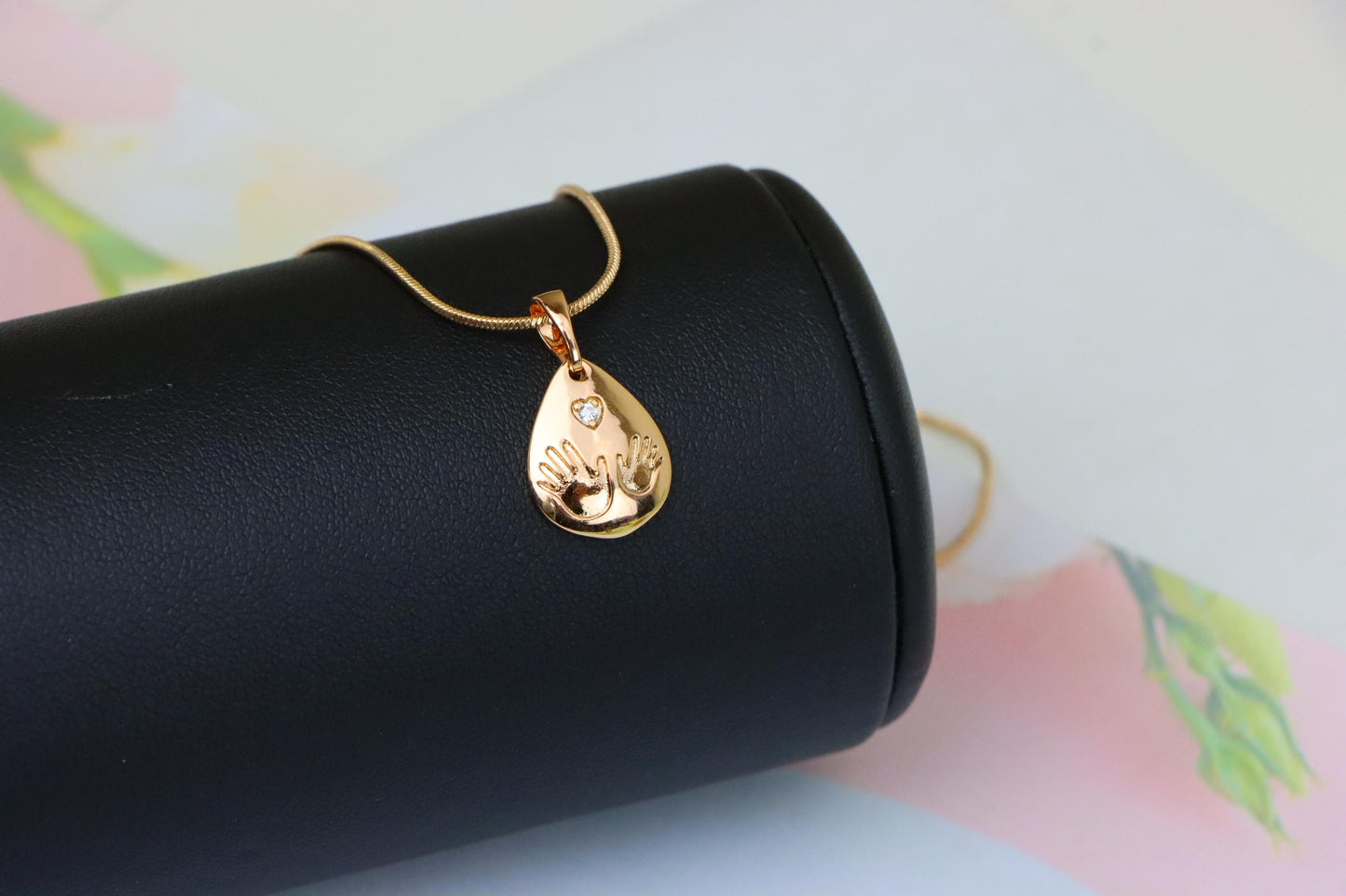 Rose Gold Teardrop Pendant with Hand Imprint &amp; Heart Accent Design, XPPT1382 (2133-6)