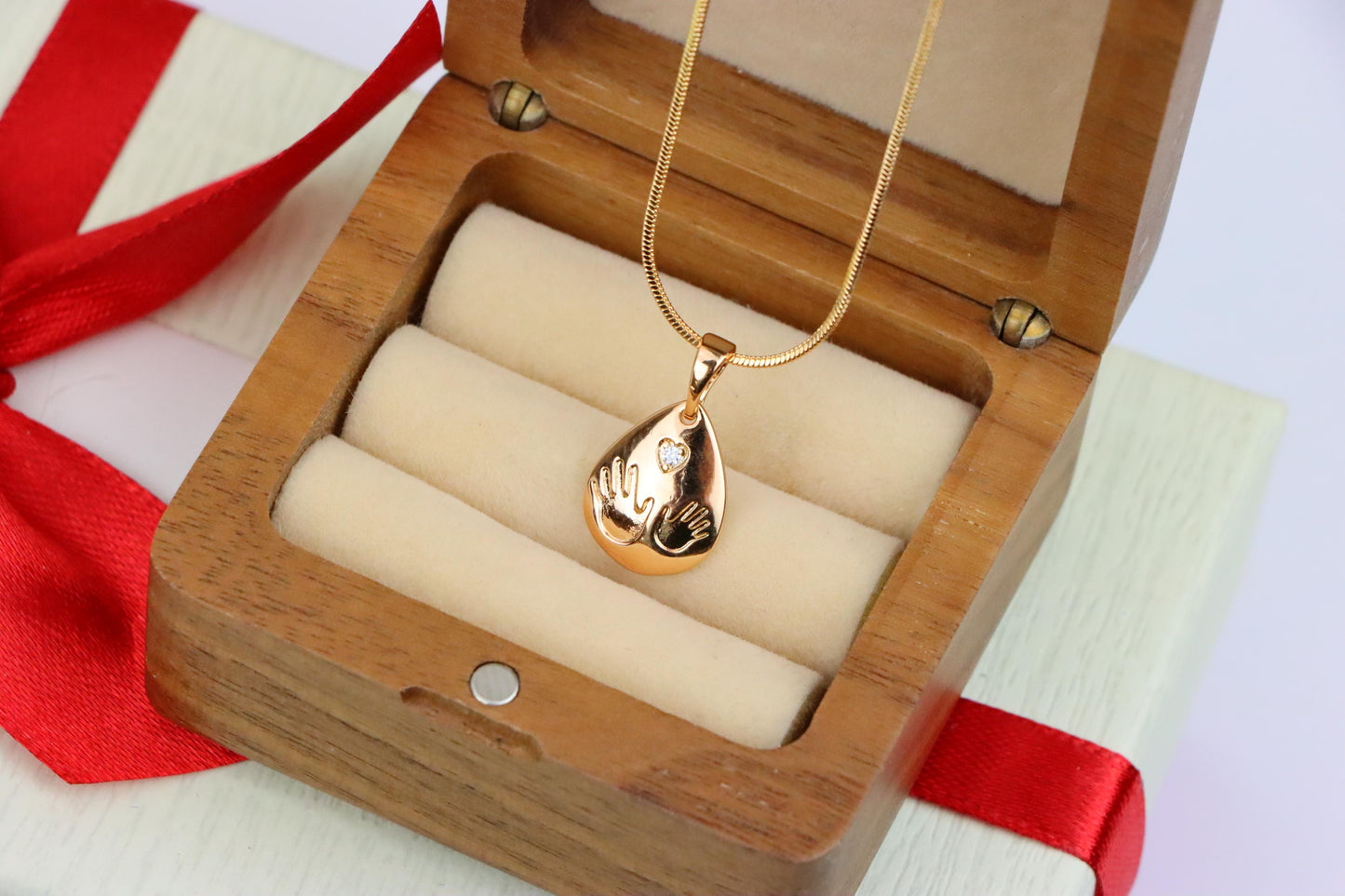 Rose Gold Teardrop Pendant with Hand Imprint &amp; Heart Accent Design, XPPT1382 (2133-6)