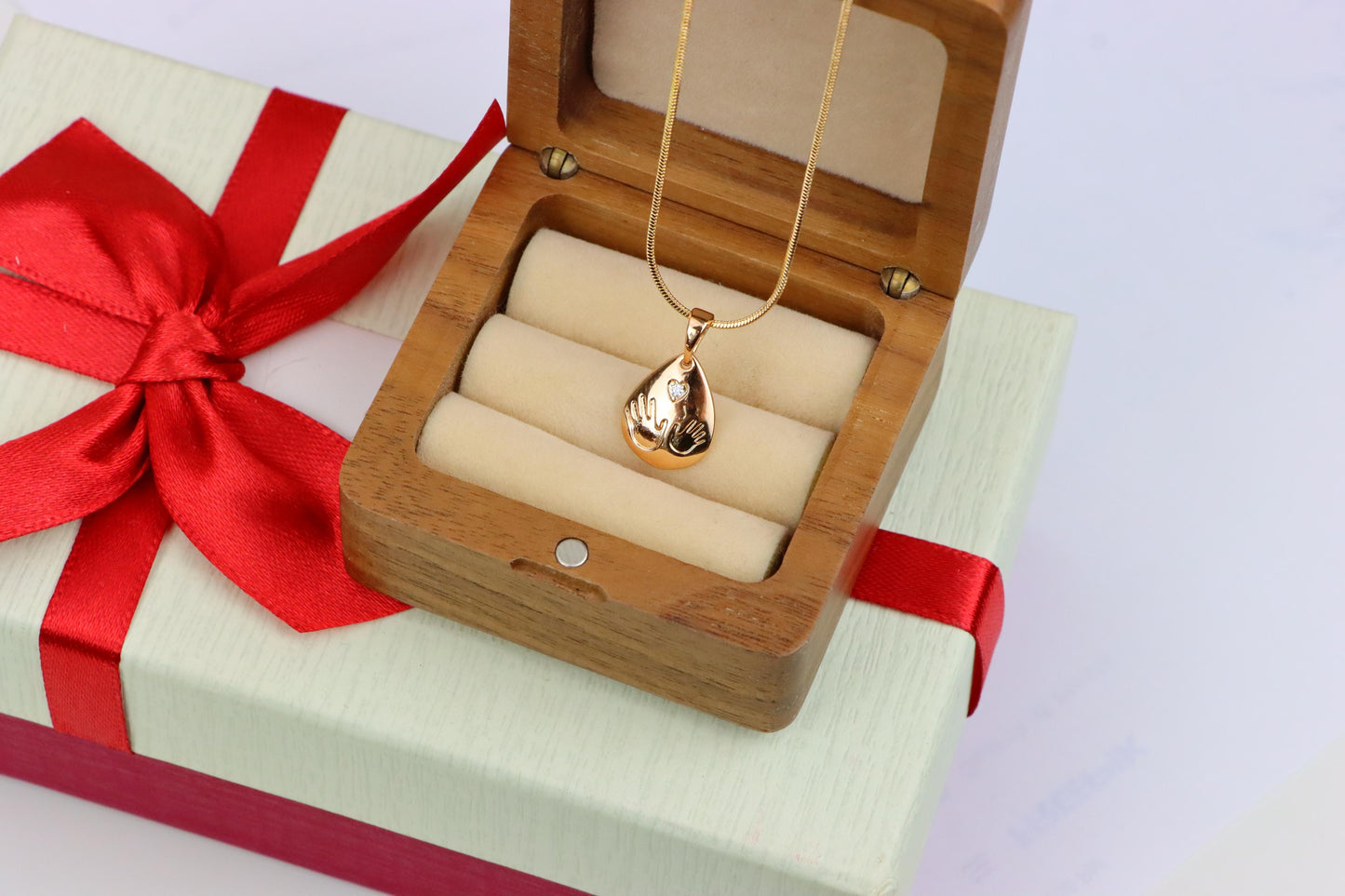 Rose Gold Teardrop Pendant with Hand Imprint &amp; Heart Accent Design, XPPT1382 (2133-6)
