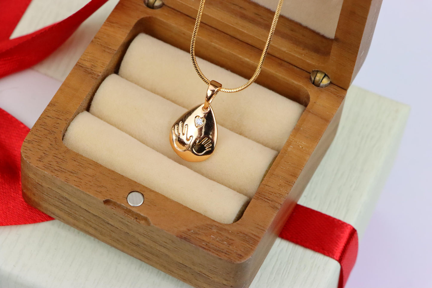 Rose Gold Teardrop Pendant with Hand Imprint &amp; Heart Accent Design, XPPT1382 (2133-6)