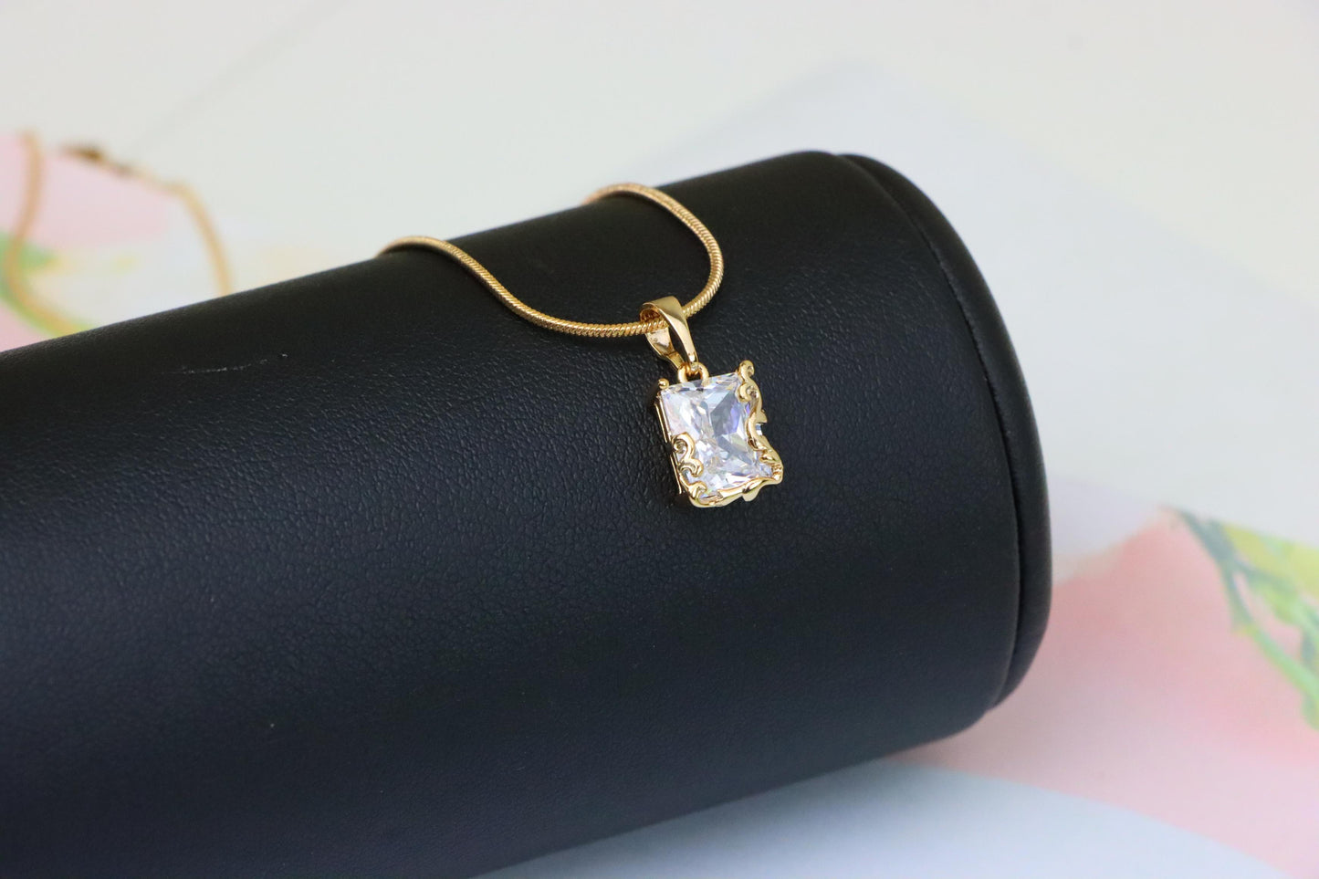 Elegant Rose Gold Pendant with Rectangle Crystal and Filigree Frame, XPPT1383 (2133-7)