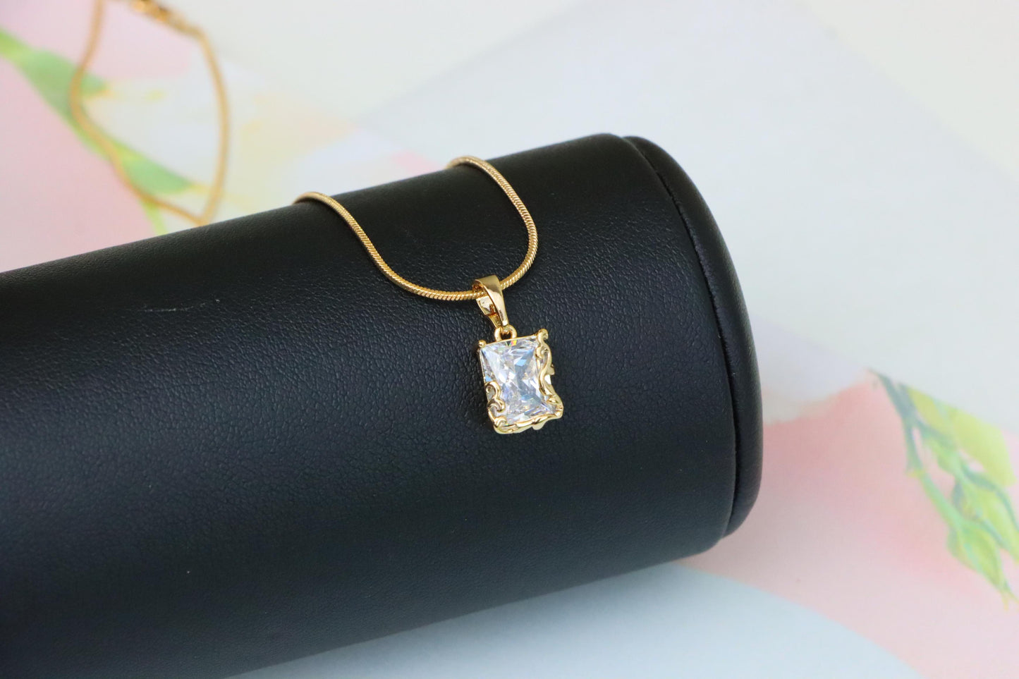 Elegant Rose Gold Pendant with Rectangle Crystal and Filigree Frame, XPPT1383 (2133-7)