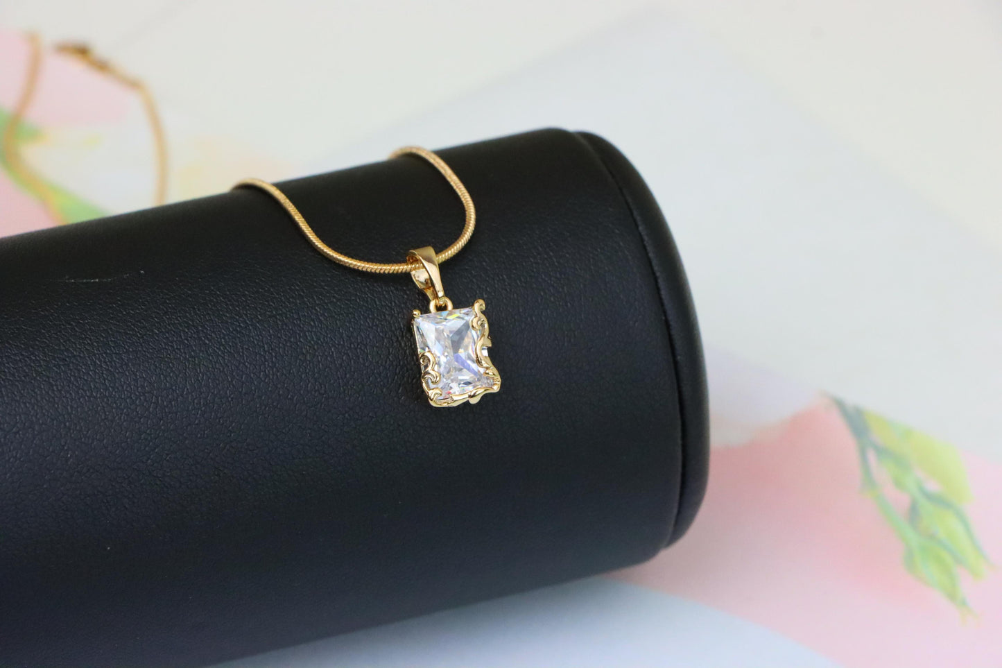 Elegant Rose Gold Pendant with Rectangle Crystal and Filigree Frame, XPPT1383 (2133-7)
