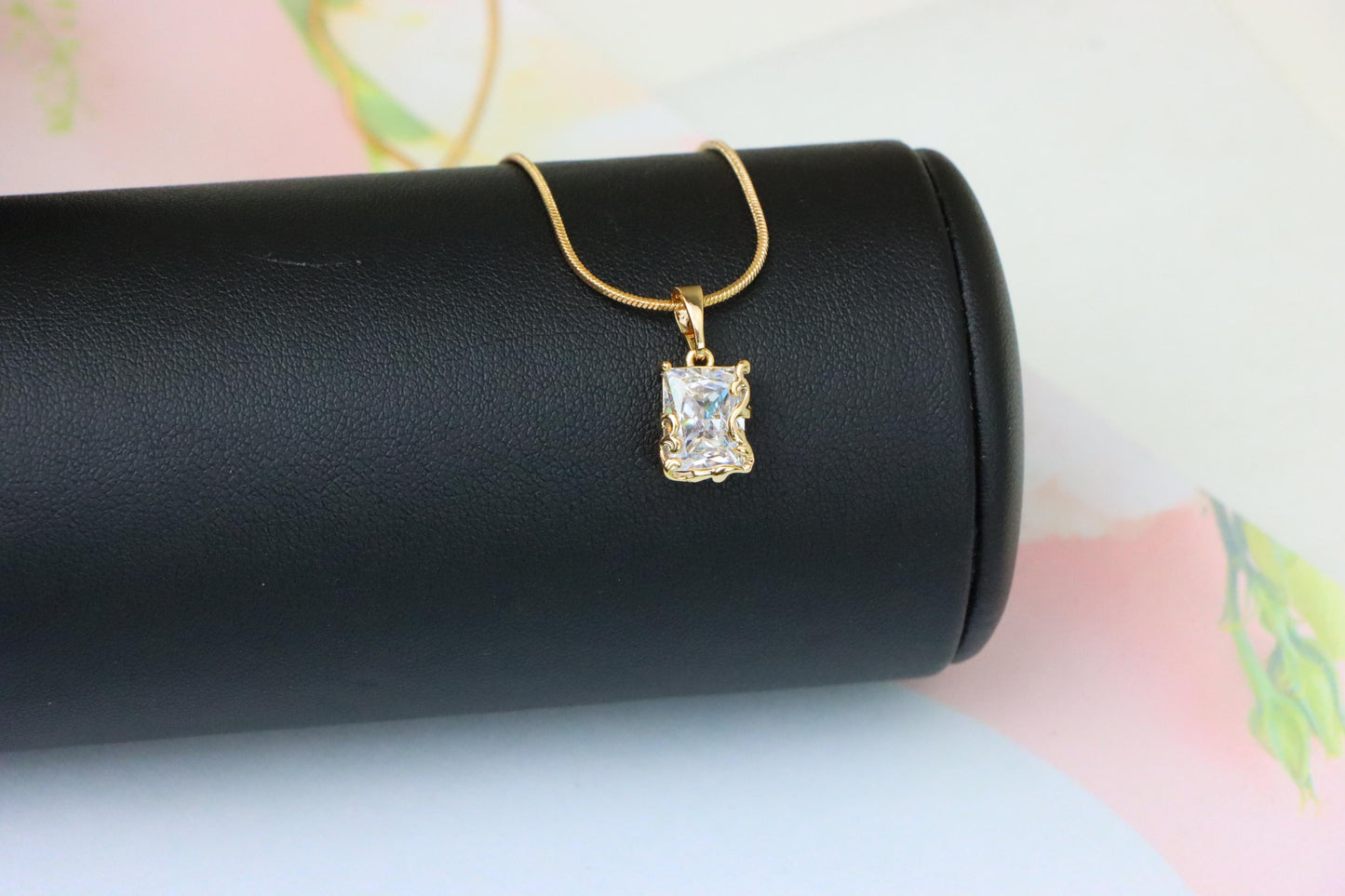 Elegant Rose Gold Pendant with Rectangle Crystal and Filigree Frame, XPPT1383 (2133-7)
