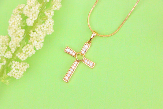 Rose Gold Cross Pendant with Heart Center and Sparkling Stones, XPPT1854 (2156-9)