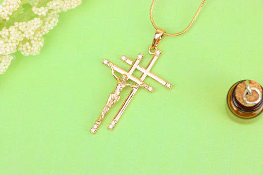 Rose Gold Triple Cross Pendant with Jesus and CZ Accents, XPPT1855 (2156-10)