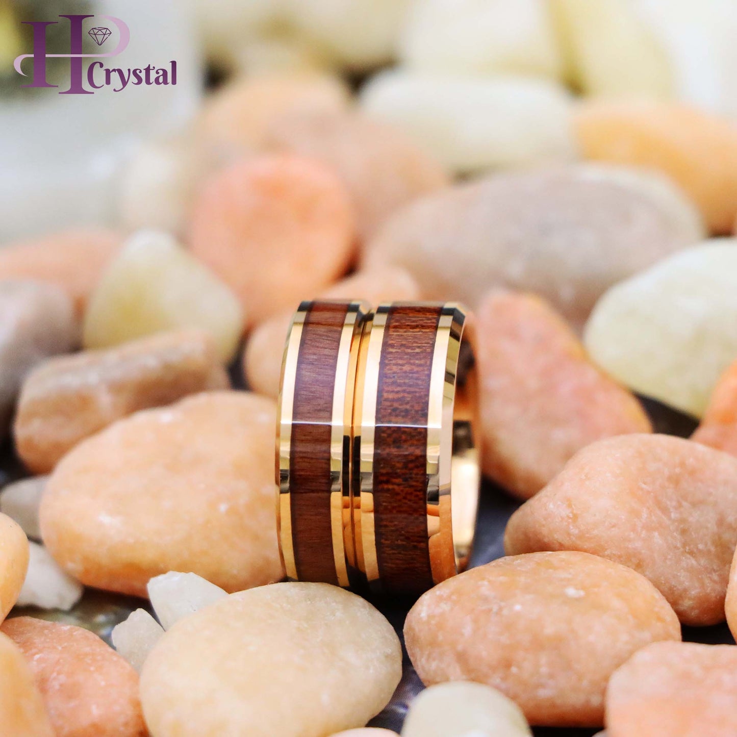 Rose Gold IP Plated with Hawaiian Koa Wood Inlay Shiny Beveled Edge Tungsten Ring