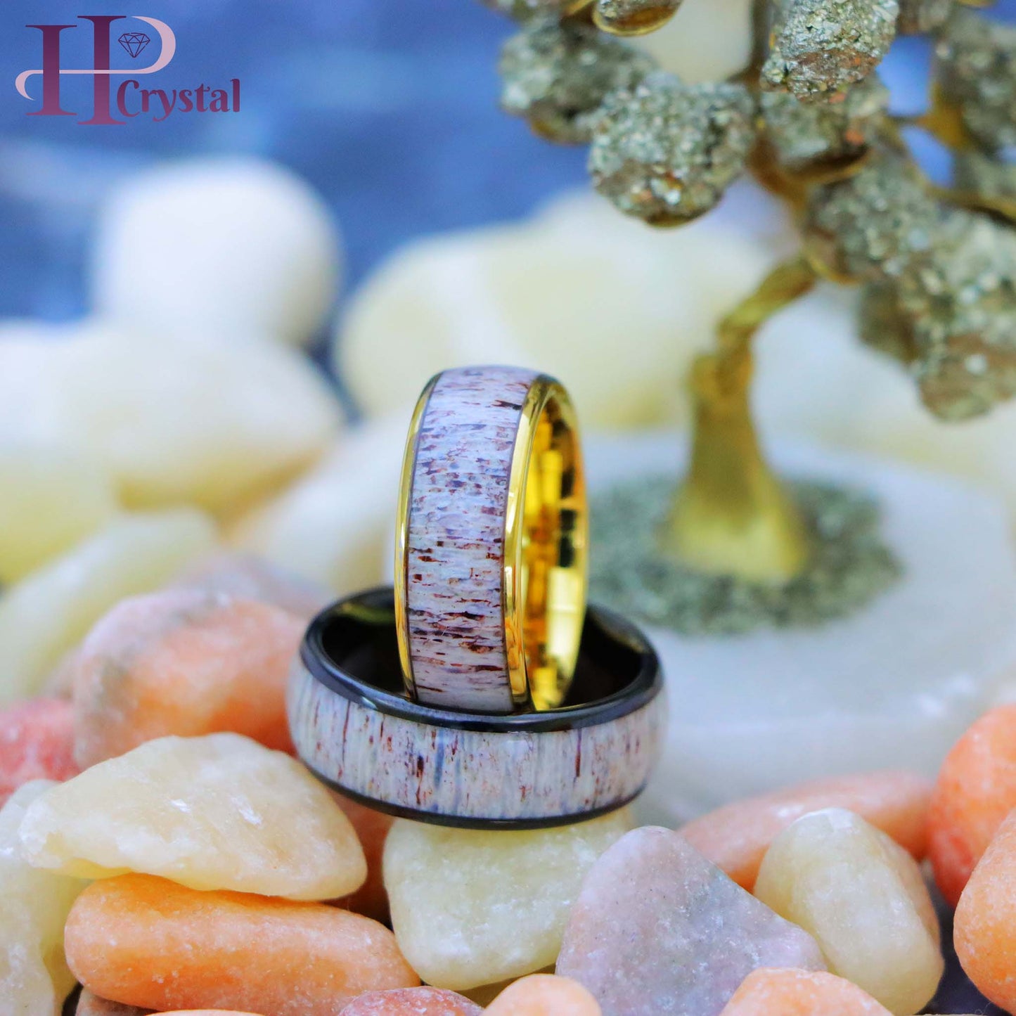 Domed Yellow Gold IP/Black IP Plated Tungsten Ring with Real Deer Antler Inlay