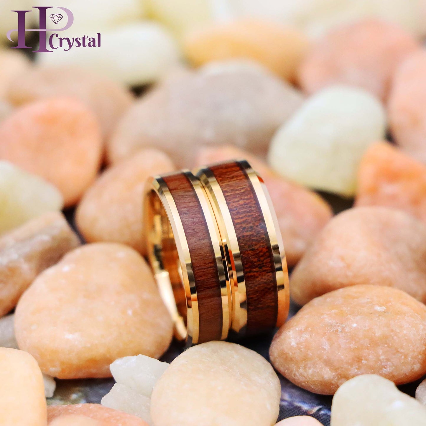 Rose Gold IP Plated with Hawaiian Koa Wood Inlay Shiny Beveled Edge Tungsten Ring